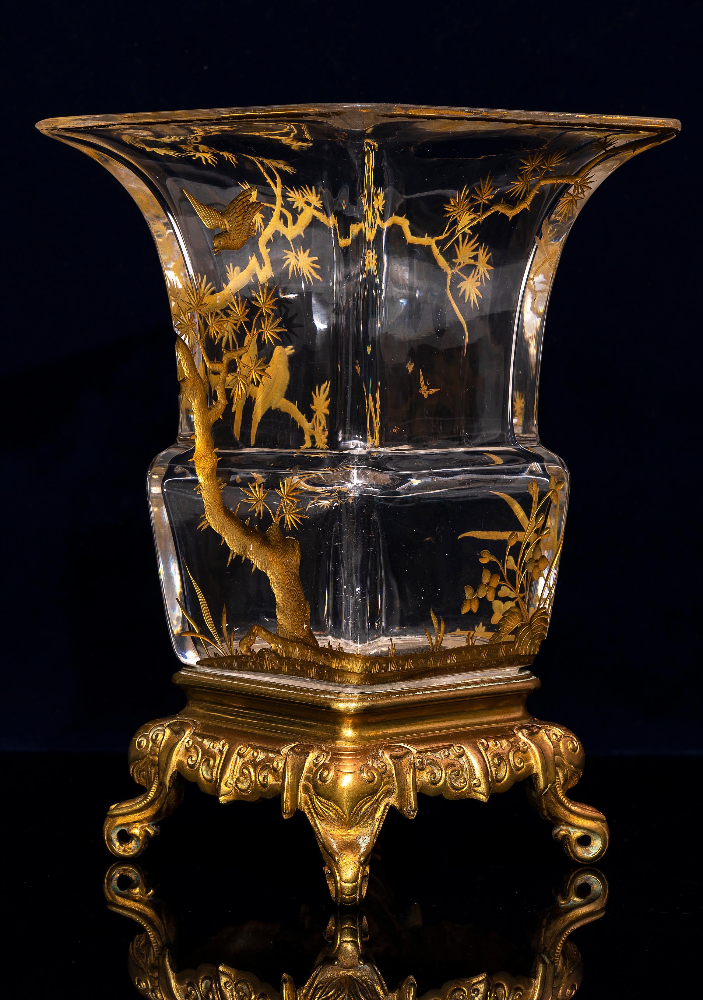 Late 19th Century 19th Century Japonism Ormolu Mounted Signed Baccarat Crystal Vase by Lievre