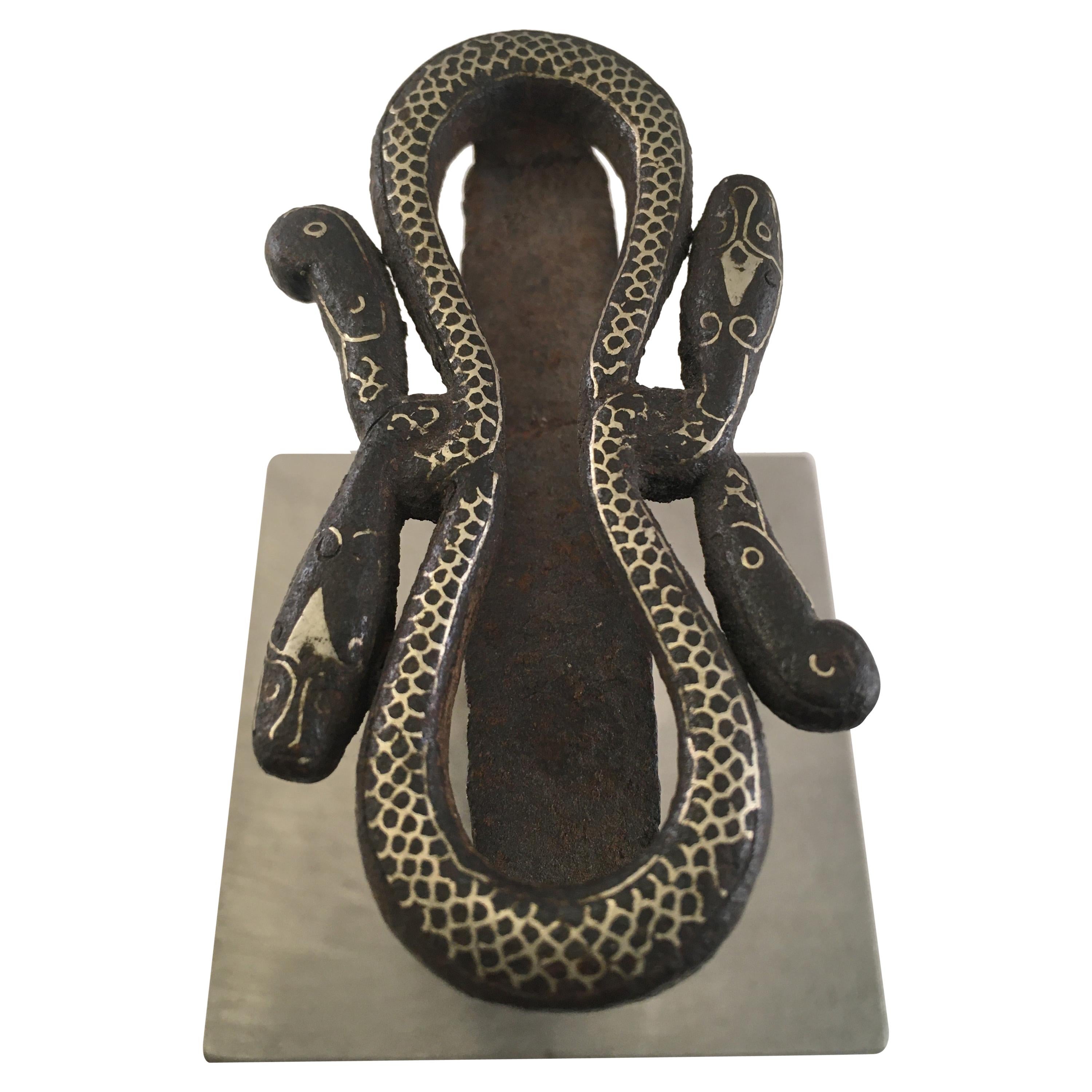 19th Century Java Surakarta Court Iron/Silver Inlay Snake Belt, Buckle and Slid For Sale