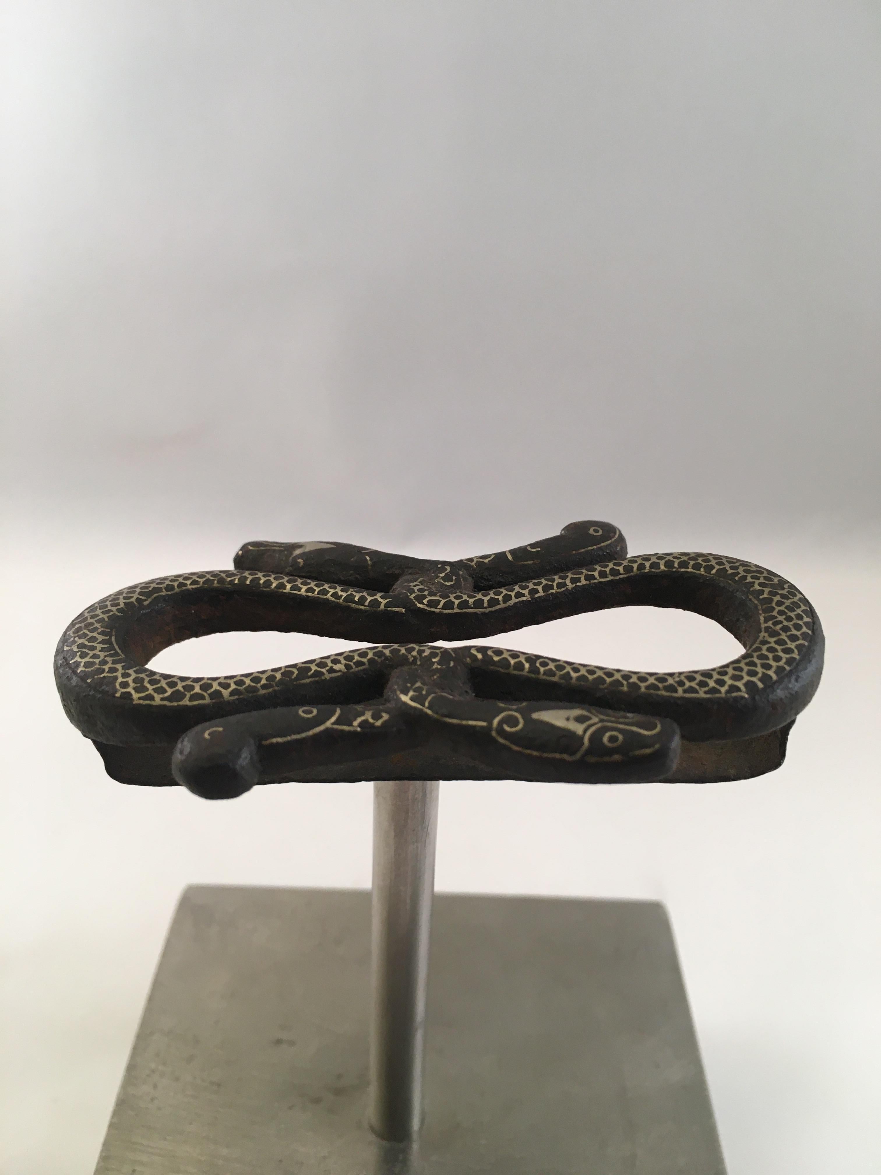 19th Century Java Surakarta Court Iron/Silver Inlay Snake Belt, Buckle and Slid For Sale 4