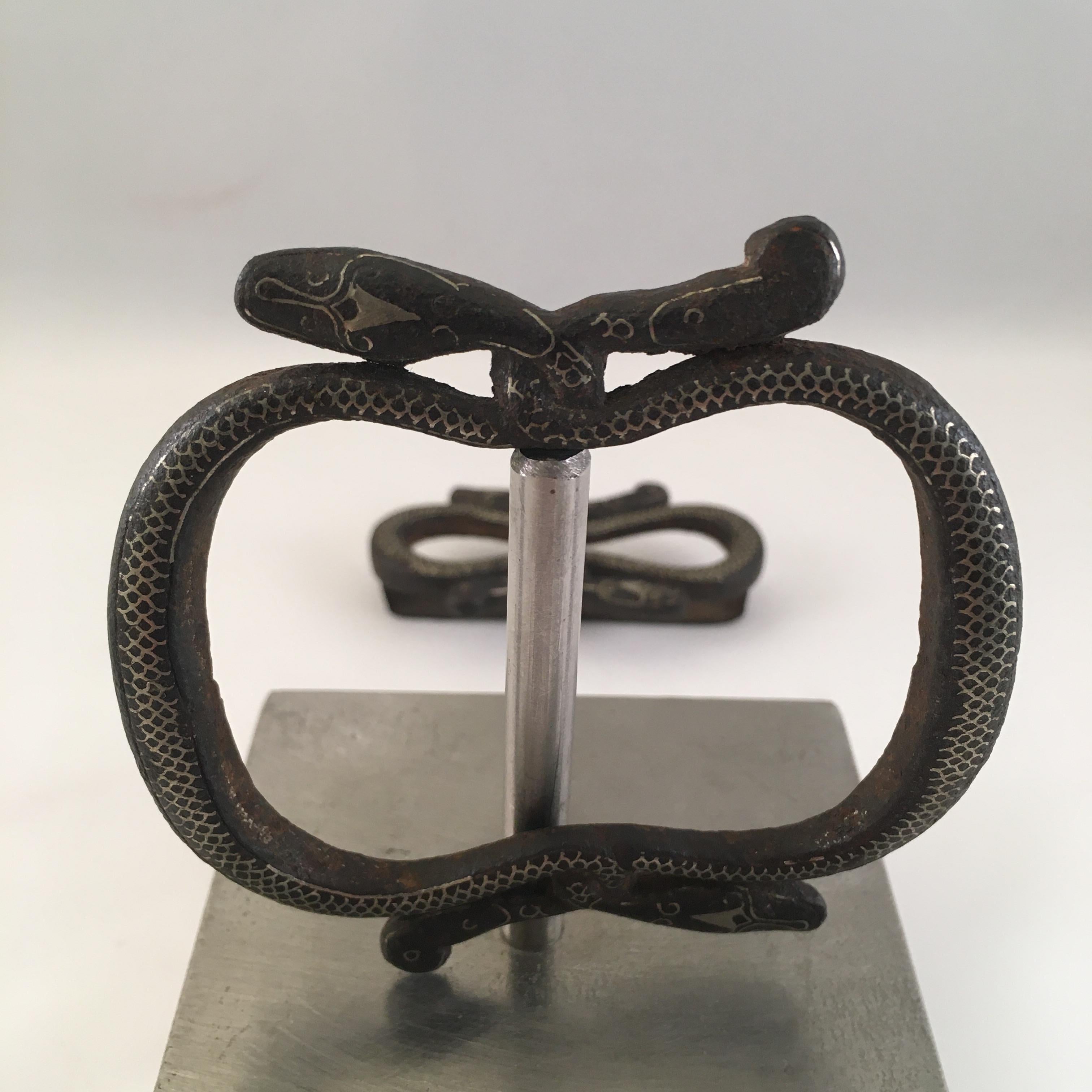 Other 19th Century Java Surakarta Court Iron/Silver Inlay Snake Belt, Buckle and Slid For Sale