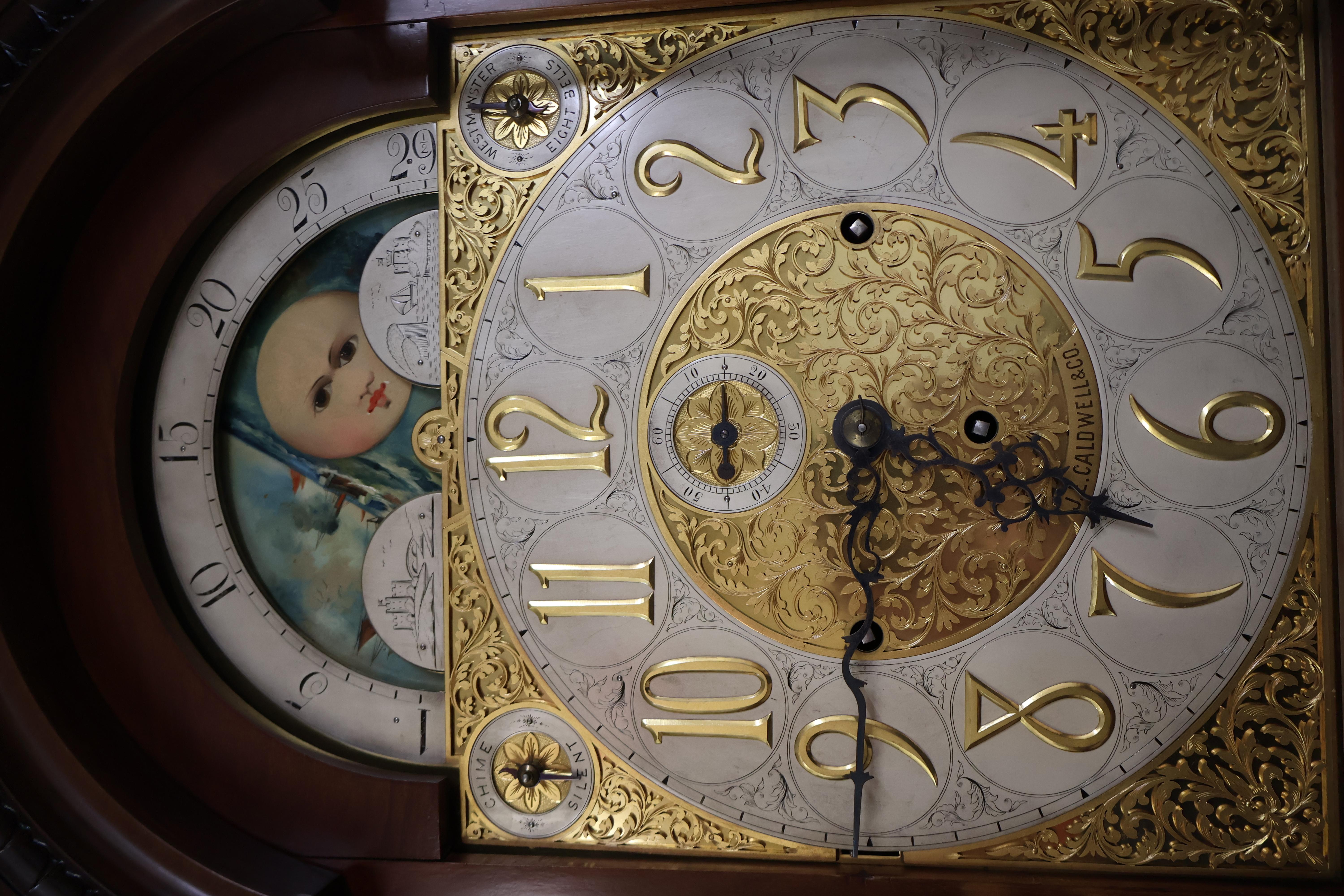19th Century J.E Caldwell Victorian 9 Tube Mahogany Tall Case Grandfather Clock For Sale 6