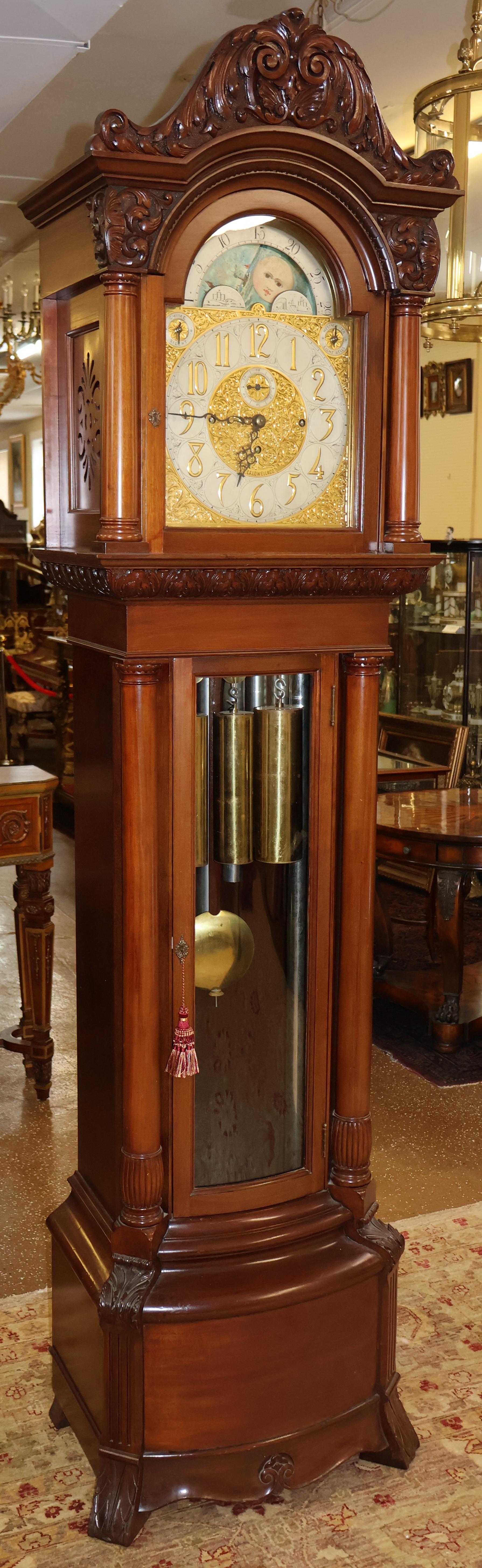 American 19th Century J.E Caldwell Victorian 9 Tube Mahogany Tall Case Grandfather Clock For Sale