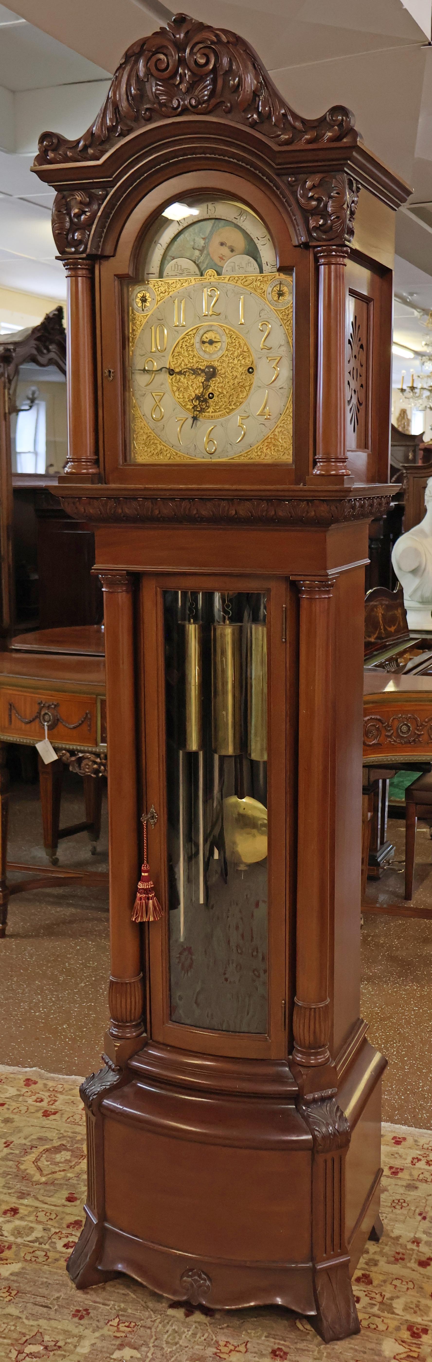 Late 19th Century 19th Century J.E Caldwell Victorian 9 Tube Mahogany Tall Case Grandfather Clock For Sale