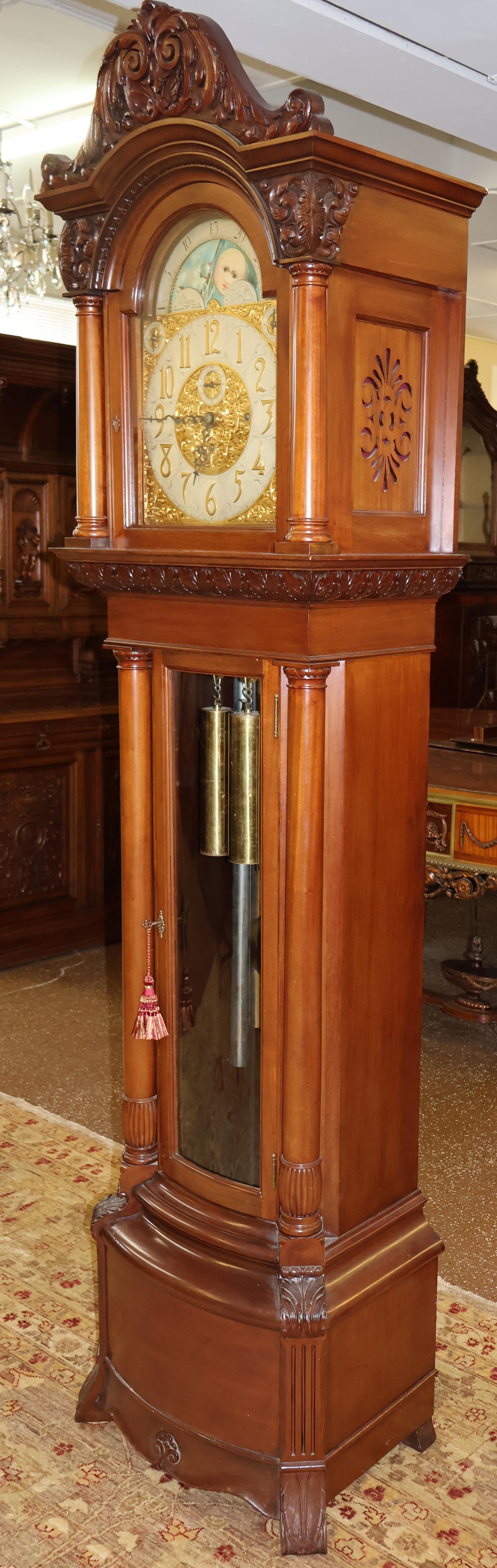 Brass 19th Century J.E Caldwell Victorian 9 Tube Mahogany Tall Case Grandfather Clock For Sale