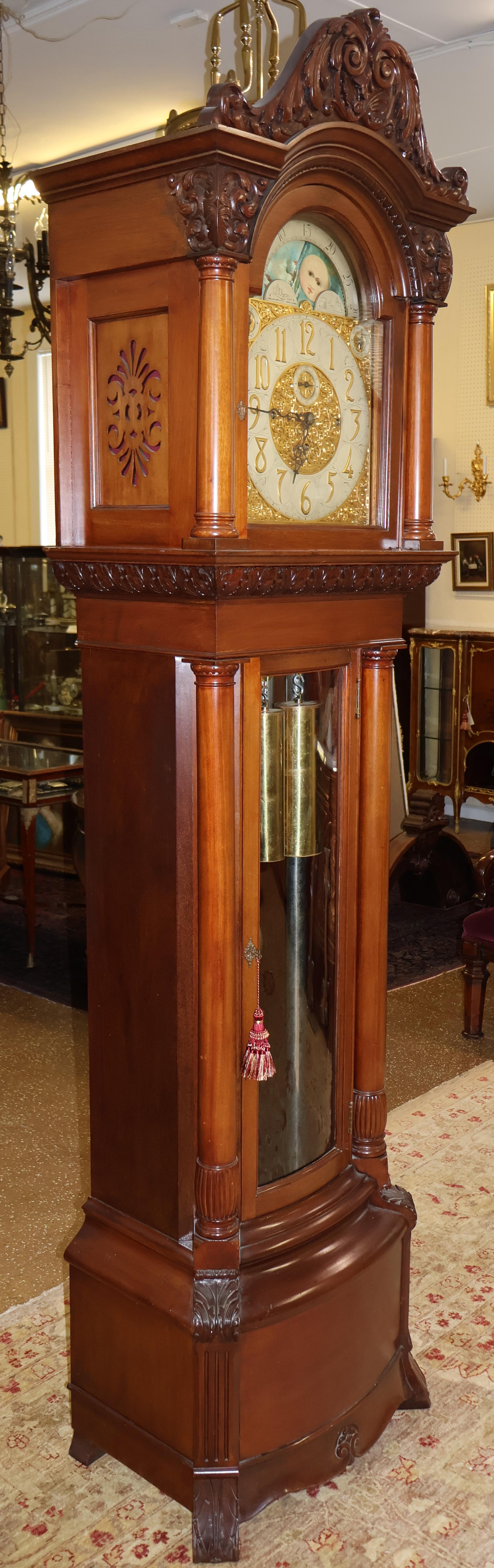 19th Century J.E Caldwell Victorian 9 Tube Mahogany Tall Case Grandfather Clock For Sale 1