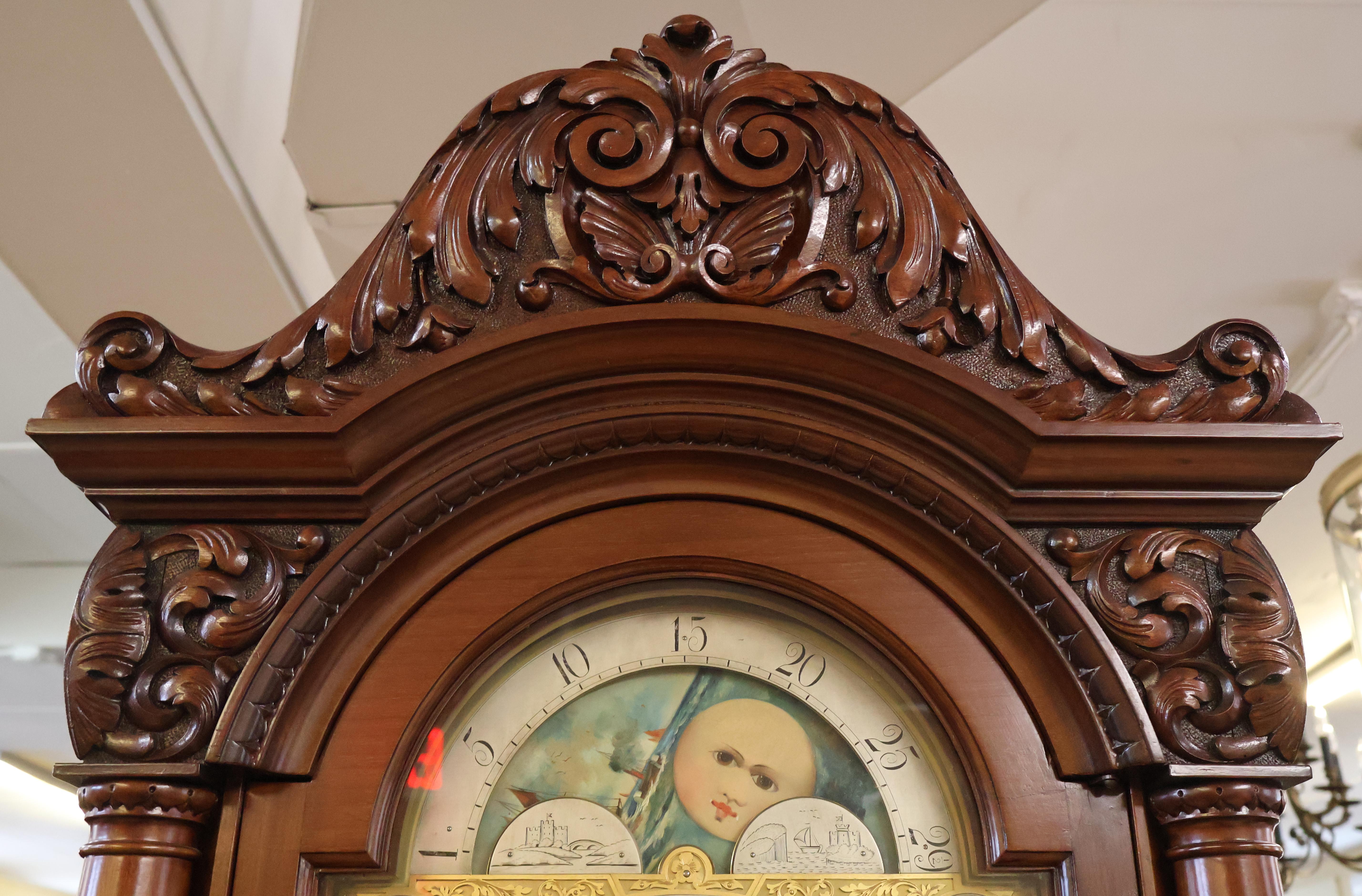 19th Century J.E Caldwell Victorian 9 Tube Mahogany Tall Case Grandfather Clock For Sale 3
