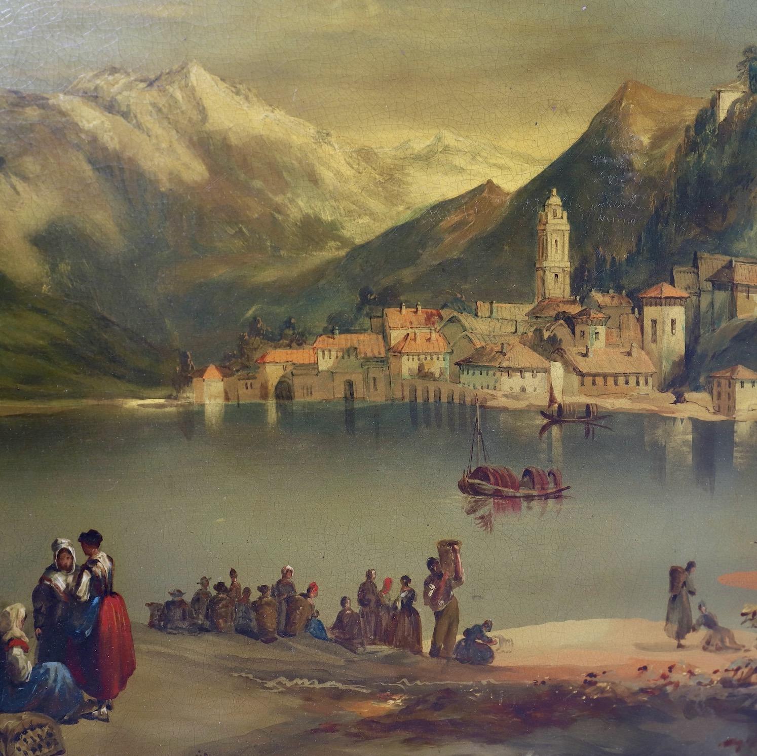 A superb large hand painted papier-mâché tray with the view of Bellagio, Lake Como, Italy, signed by the Royal Makers Jennens & Bettridge, London.
Impressed on the back 'Jennens & Bettridge, Birm m & London' under a Royal Crown. Painted text