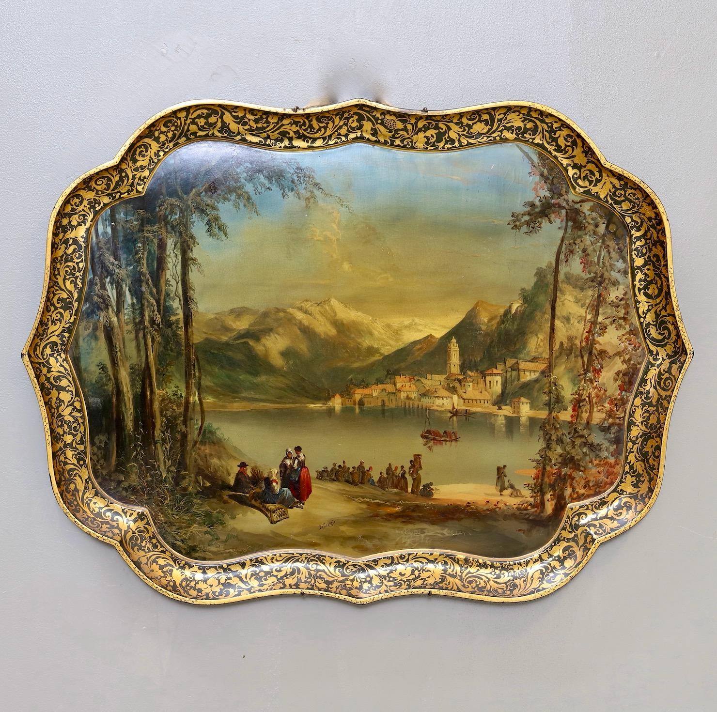 Jennens & Bettridge-Tablett aus dem 19. Jahrhundert mit Blick auf Bellagio, Como-See (Geölt)
