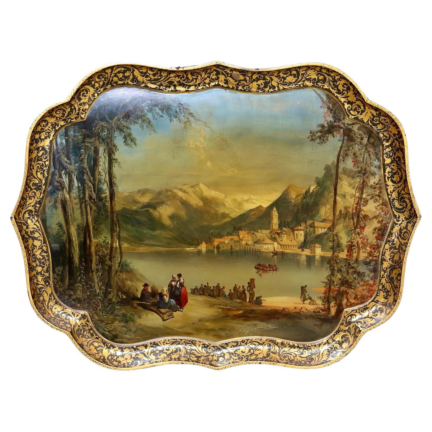 Plateau du XIXe siècle de Jennens and Bettridge avec vue sur Bellagio, lac de Como