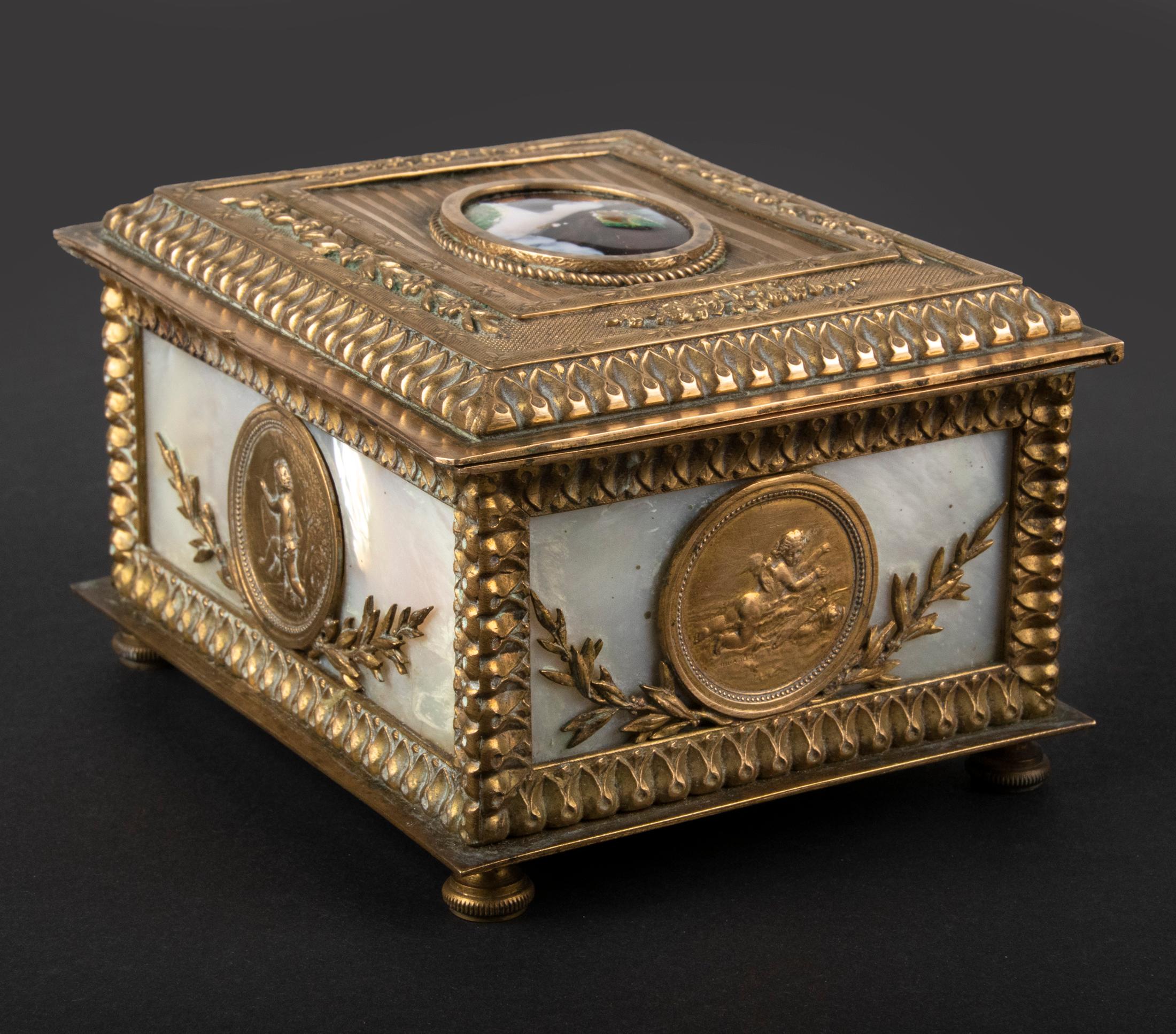 Cast 19th Century Jewelery Box by JP Legastelois, Bronze with Mother of Pearl