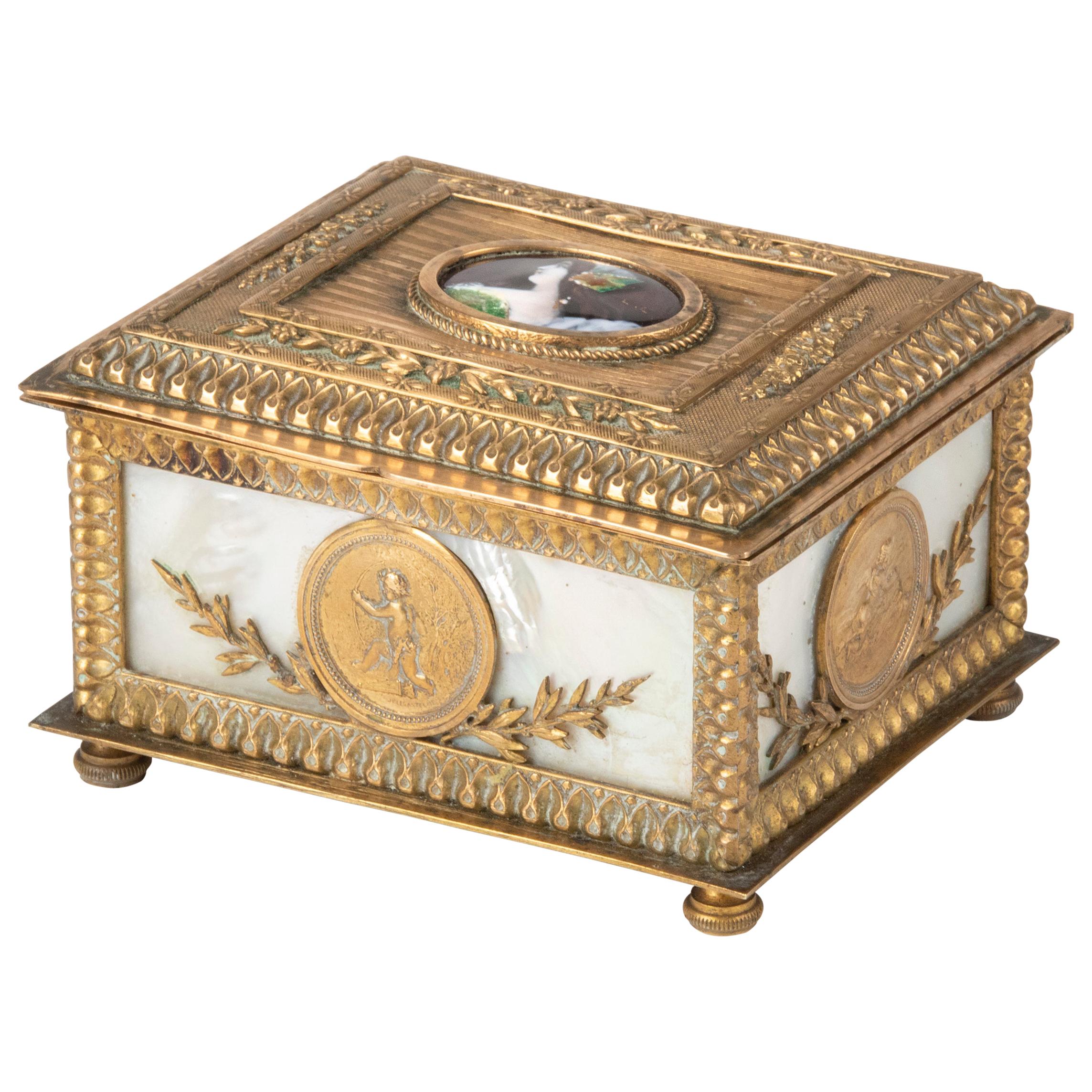 19th Century Jewelery Box by JP Legastelois, Bronze with Mother of Pearl