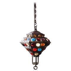 Antique 19th Century Jewelled Copper Disco Lantern Pendant Light Moorish Islamic