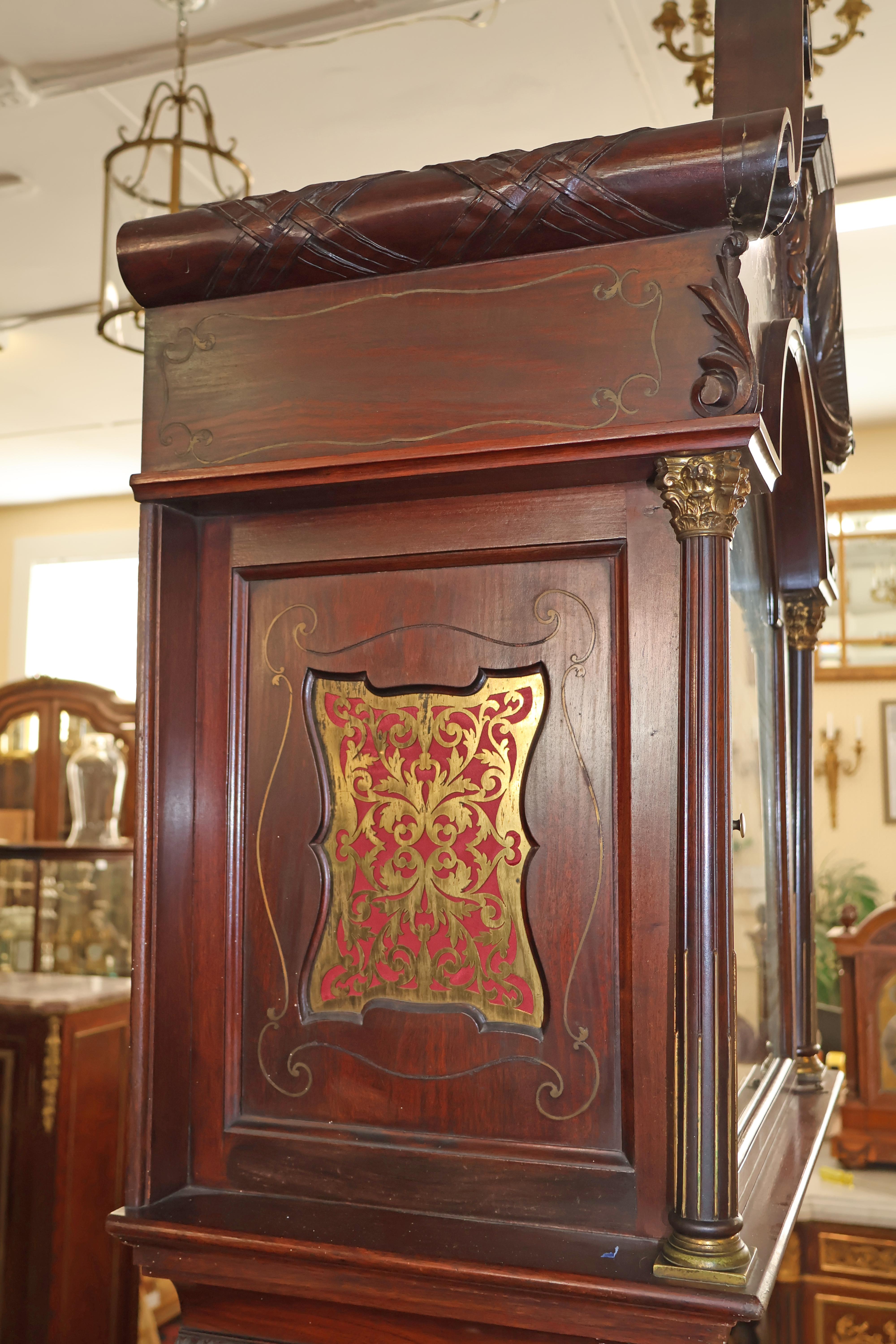 19th Century J.J Elliott Inlaid Brass Mahogany & Mother of Pearl Tall Case Clock For Sale 7