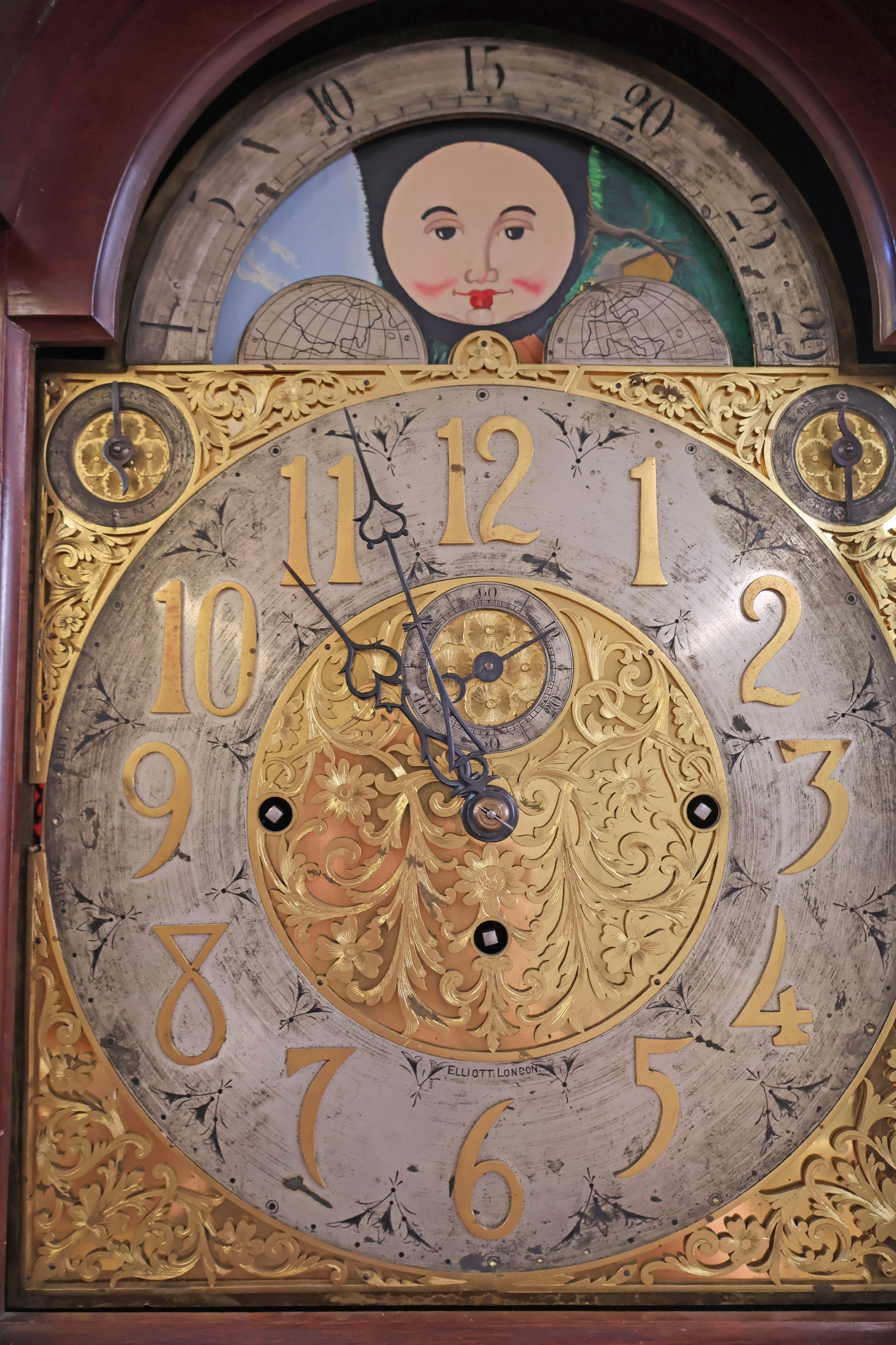 19th Century J.J Elliott Inlaid Brass Mahogany & Mother of Pearl Tall Case Clock For Sale 9