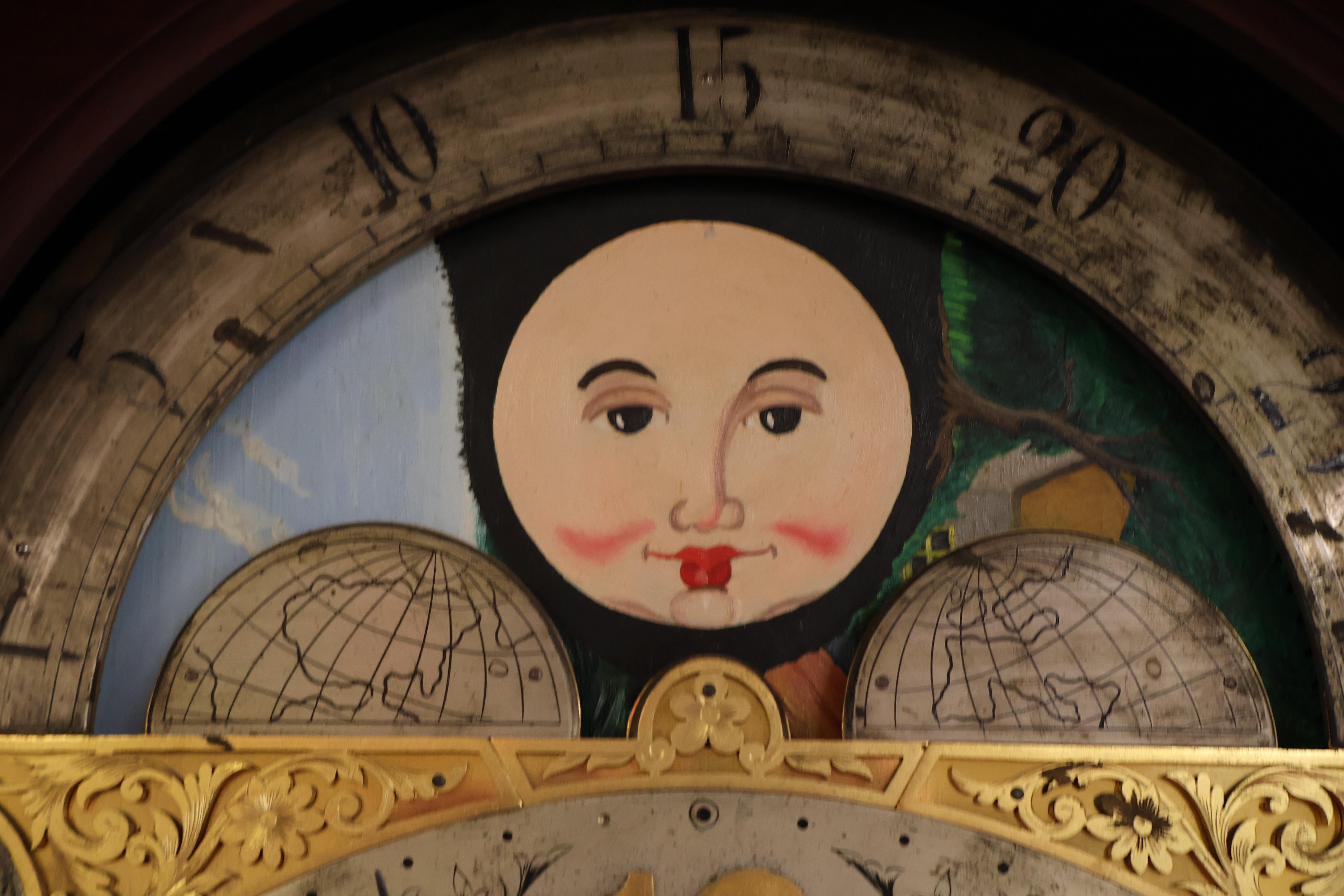 19th Century J.J Elliott Inlaid Brass Mahogany & Mother of Pearl Tall Case Clock For Sale 12