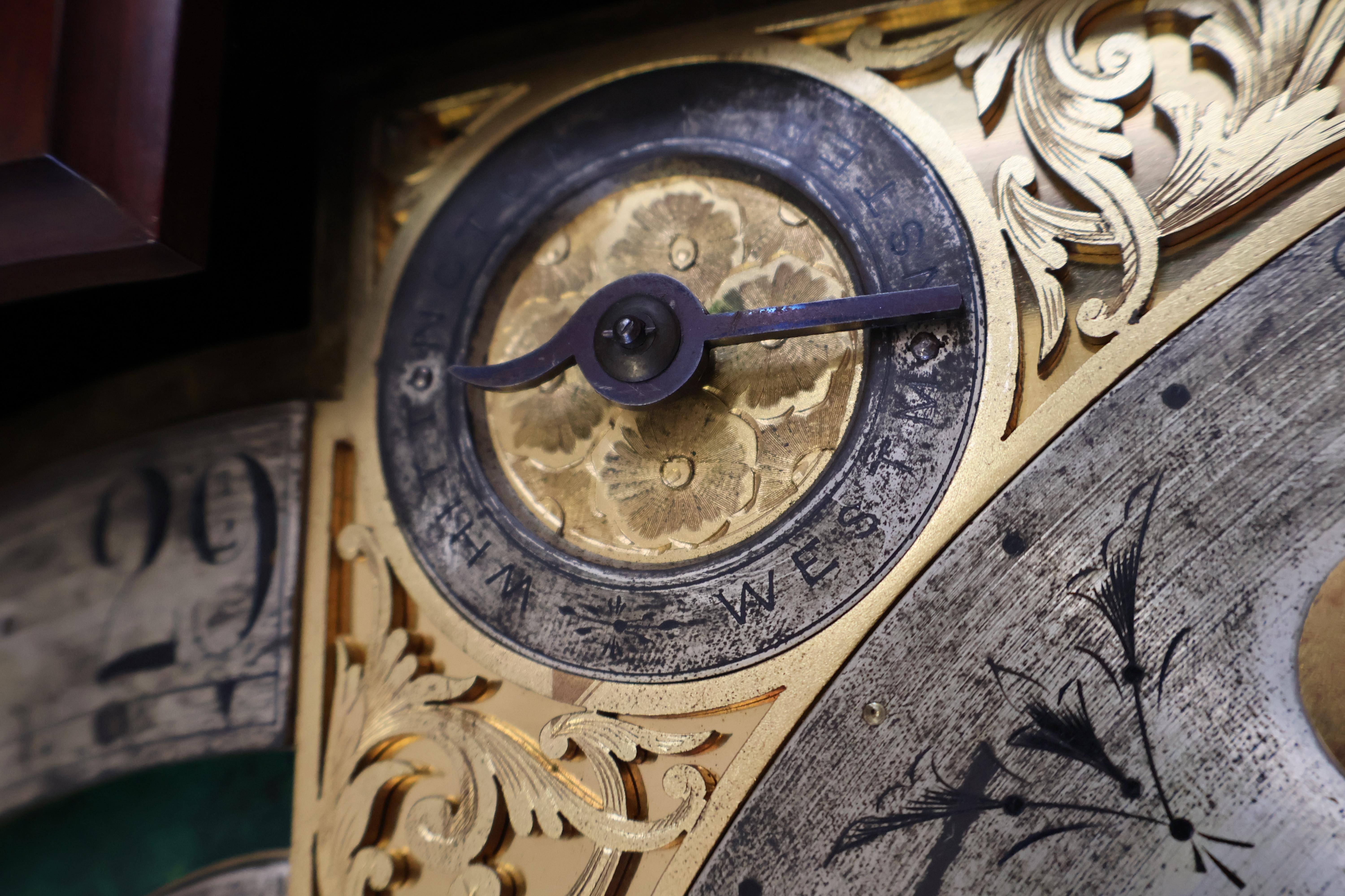 19th Century J.J Elliott Inlaid Brass Mahogany & Mother of Pearl Tall Case Clock For Sale 13