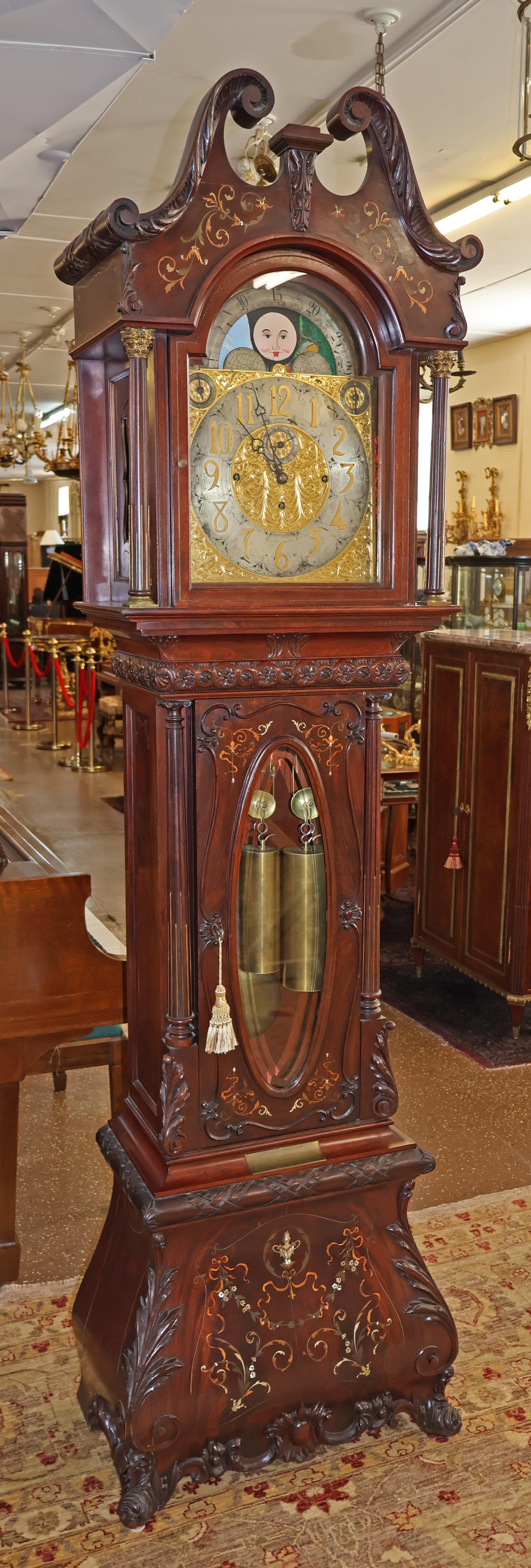 19th Century J.J Elliot Inlaid Brass Mahogany & Mother of Pearl Tall Case Clock

Dimensions : 91