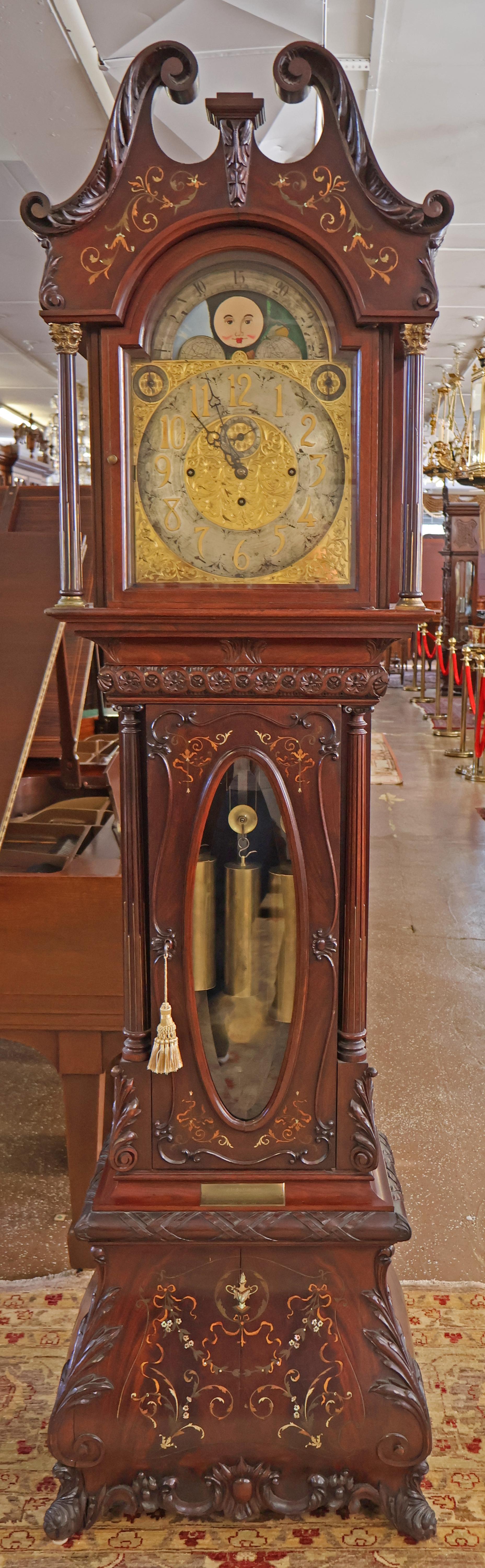 Edwardian 19th Century J.J Elliott Inlaid Brass Mahogany & Mother of Pearl Tall Case Clock For Sale