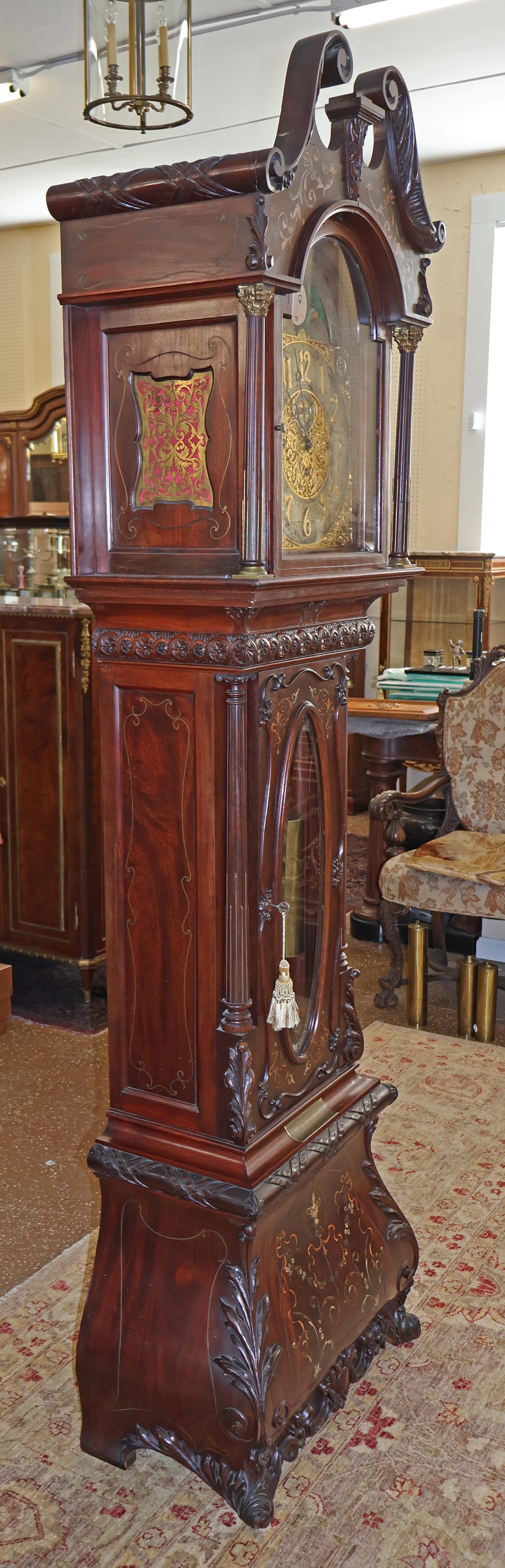 19th Century J.J Elliott Inlaid Brass Mahogany & Mother of Pearl Tall Case Clock In Fair Condition For Sale In Long Branch, NJ