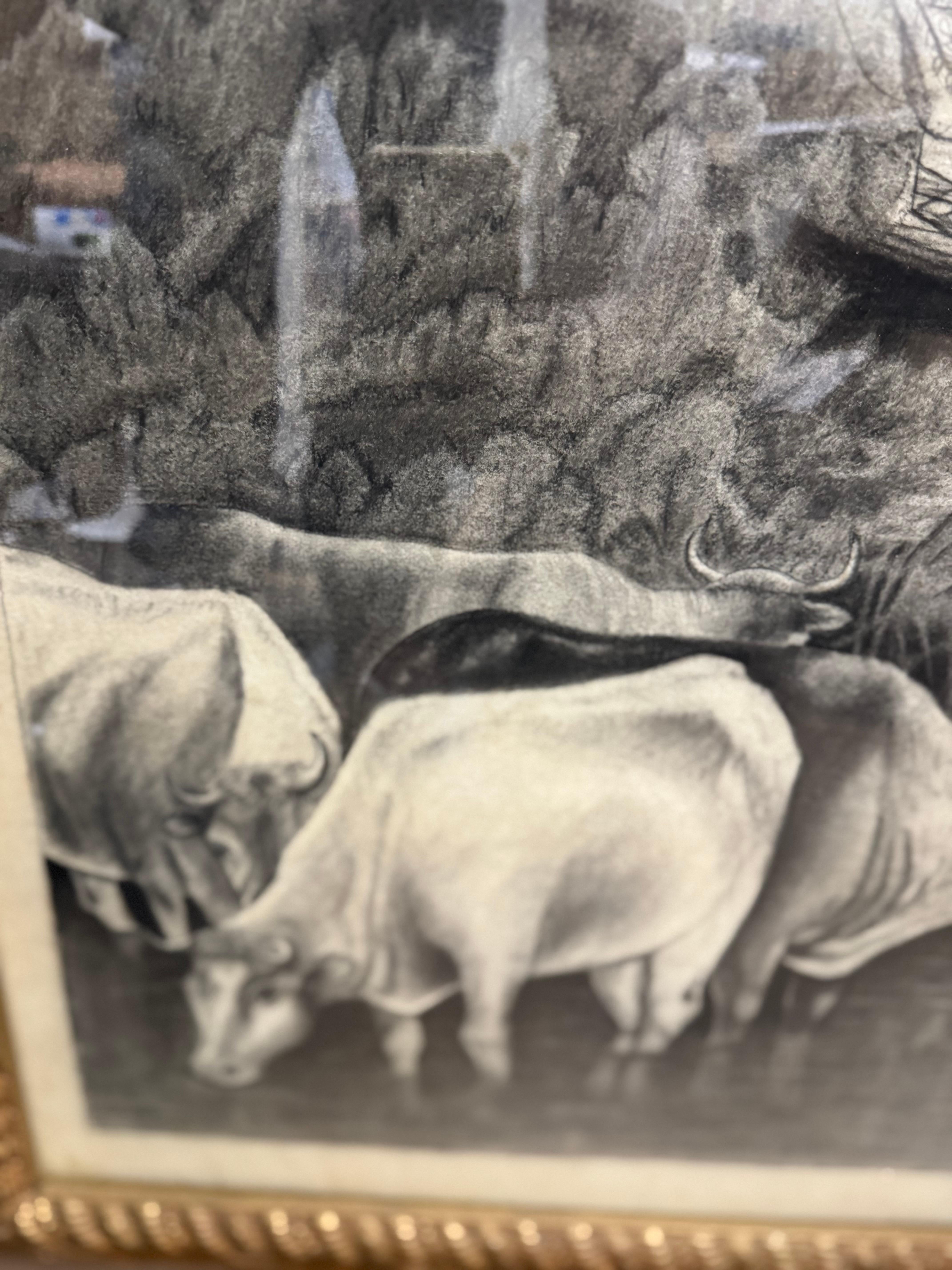 Late Victorian 19th Century John Brightman-Crockett Cattle Grazing Pencil Drawing For Sale