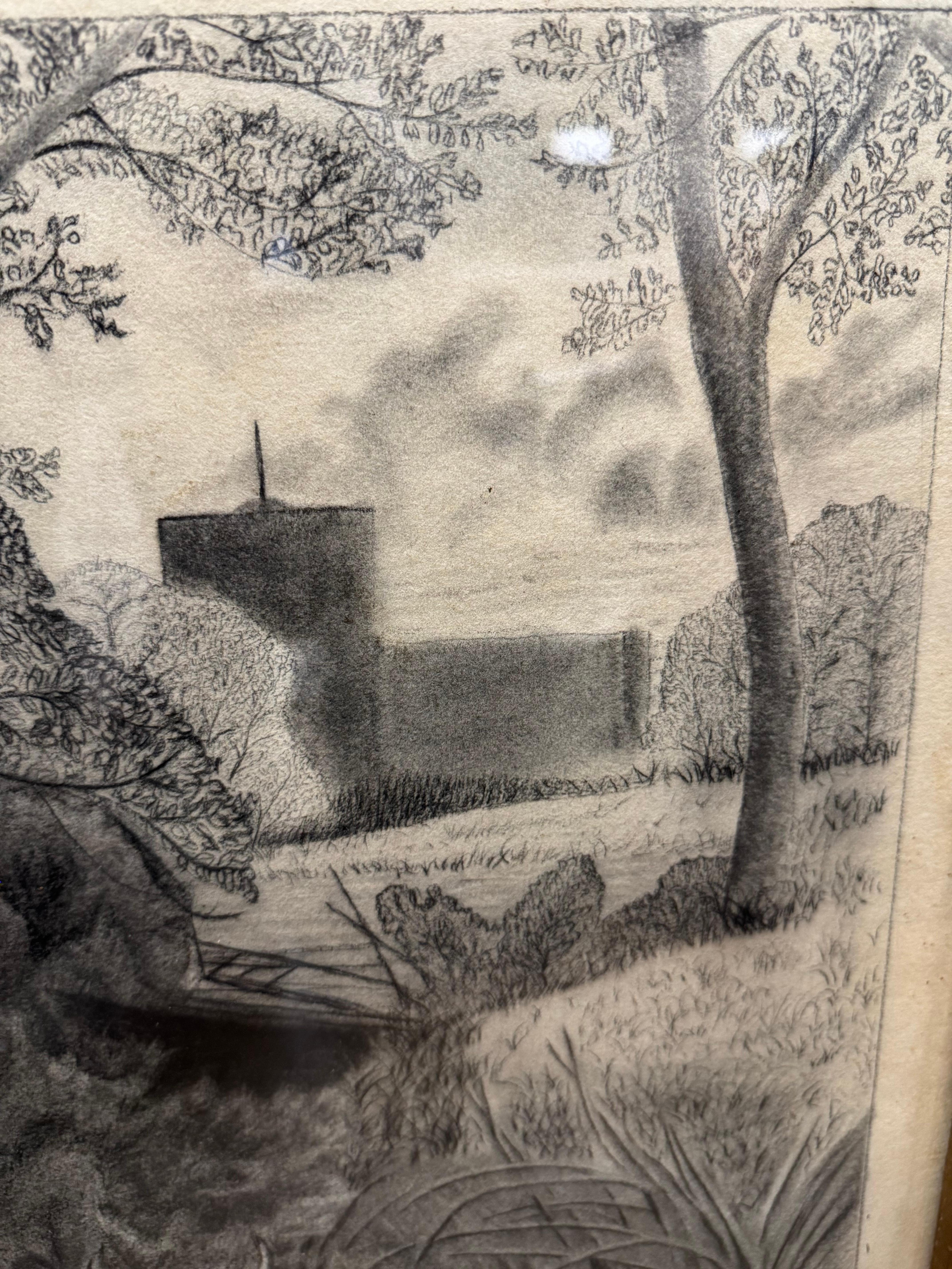 English 19th Century John Brightman-Crockett Cattle Grazing Pencil Drawing For Sale