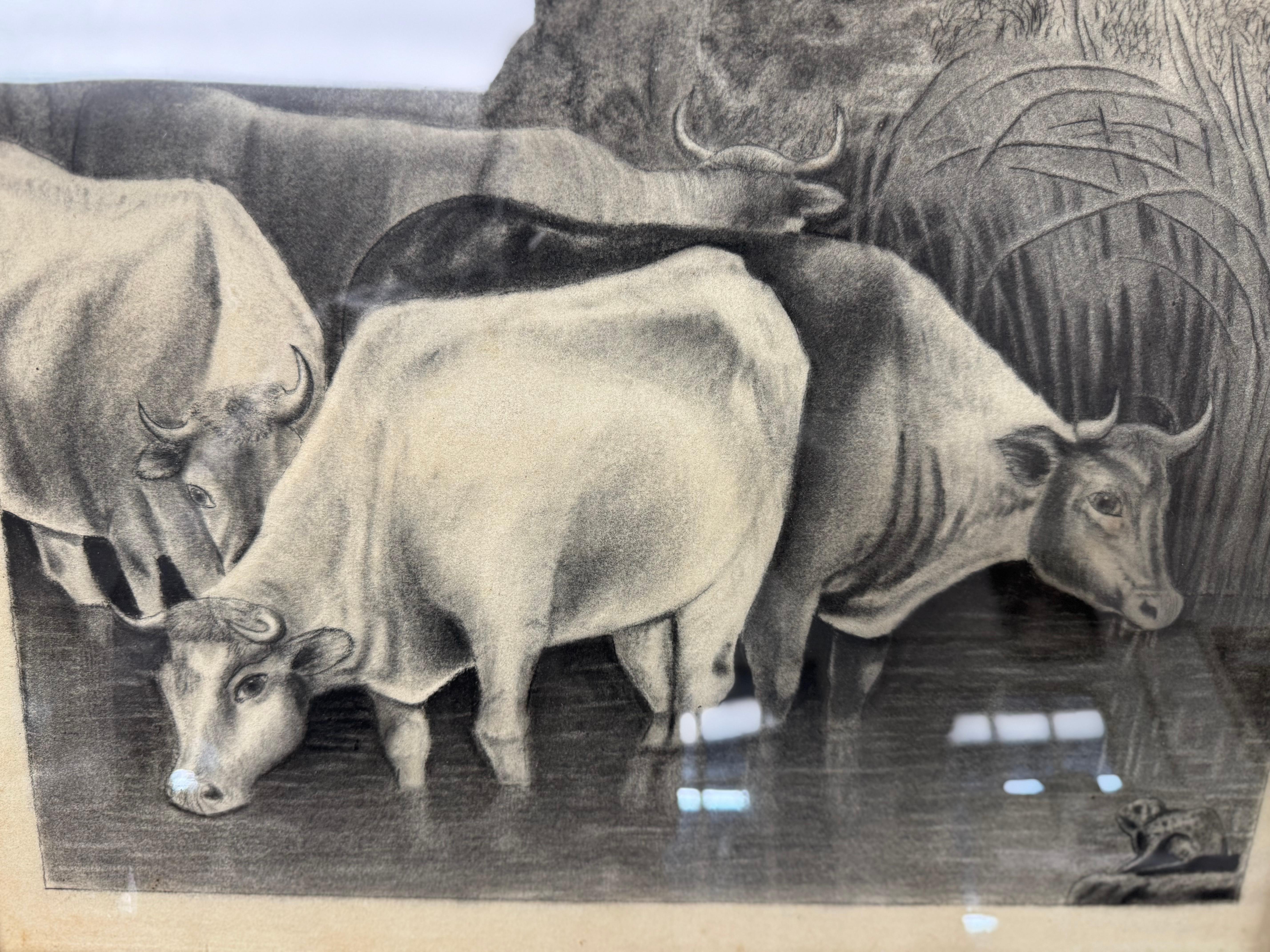 19th Century John Brightman-Crockett Cattle Grazing Pencil Drawing For Sale 1