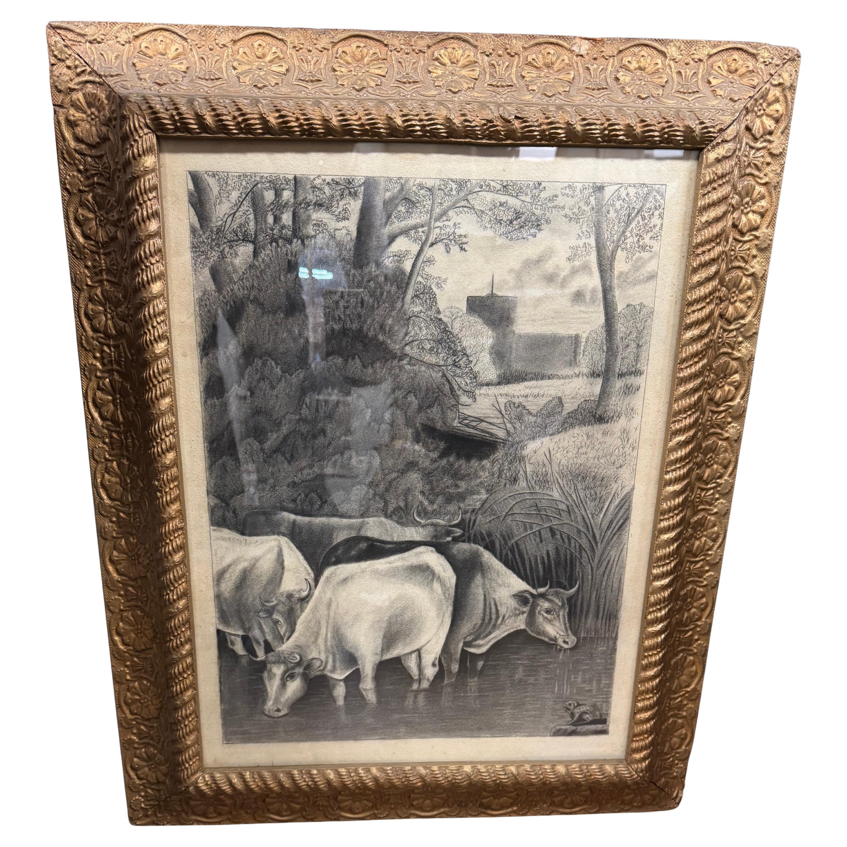 19th Century John Brightman-Crockett Cattle Grazing Pencil Drawing For Sale