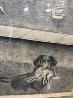 19th Century John Brightman-Crockett Dog with Rabbit and Swans Pencil Drawing