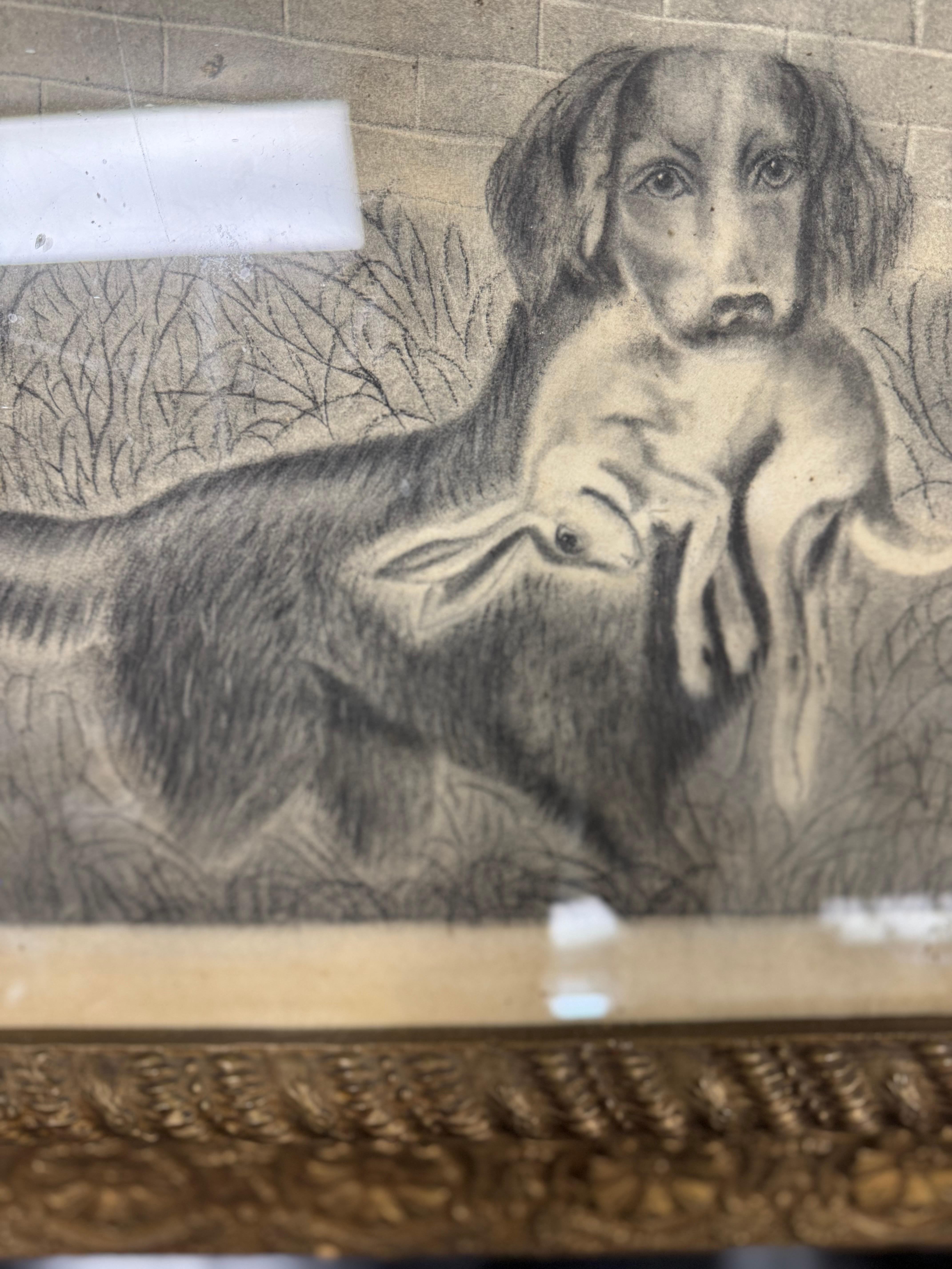 XIXe siècle Dessin au crayon de John Brightman-Crockett, 19e siècle, chien avec lapin et cygnes en vente
