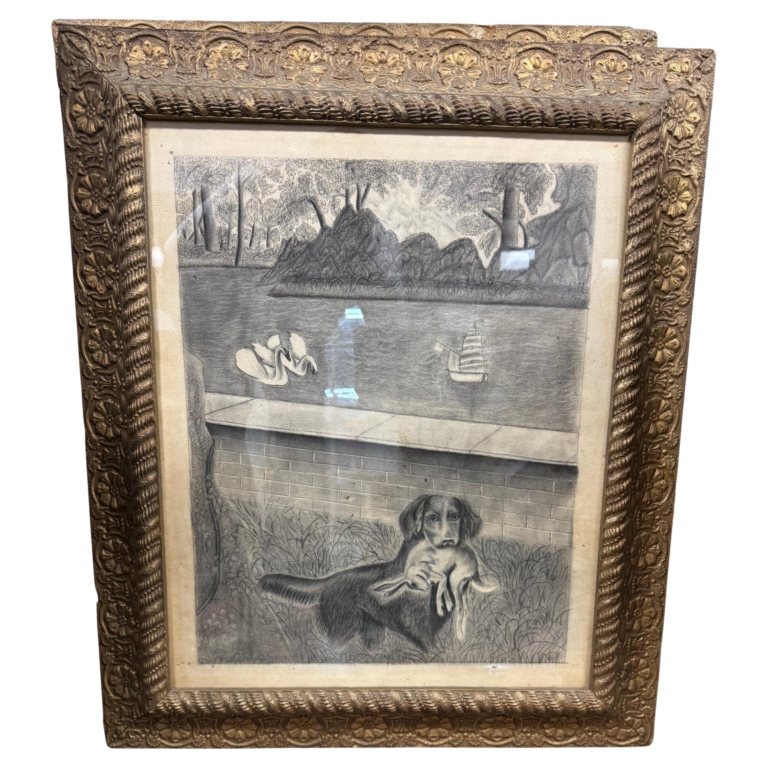 19th Century John Brightman-Crockett Dog with Rabbit and Swans Pencil Drawing