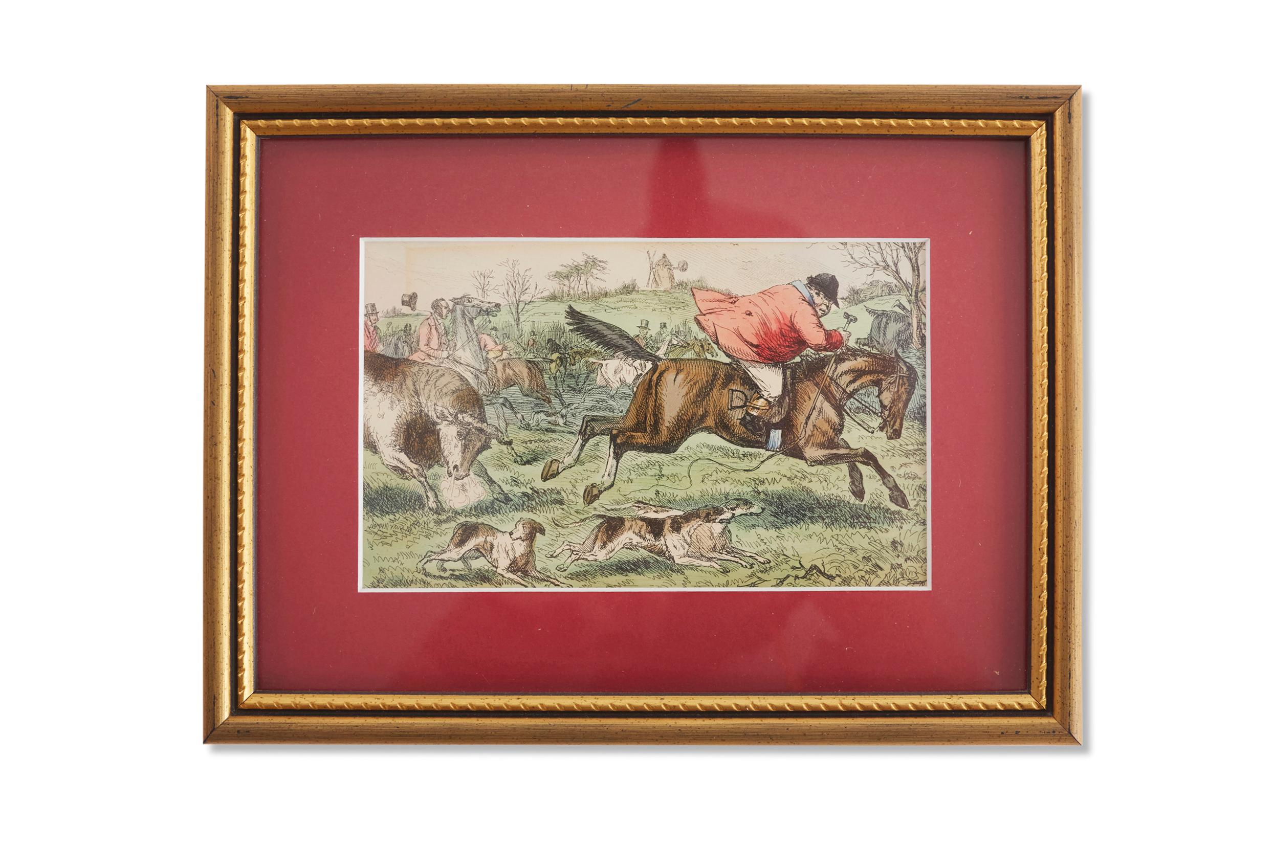 A group of gilt wood framed collection of nine colored etchings by John Leech ( 1817 - 1864 ). The present works are from a first edition of handley cross. Each etching is in good condition. Minor wear consistent with age / use. Frame is about 9.5