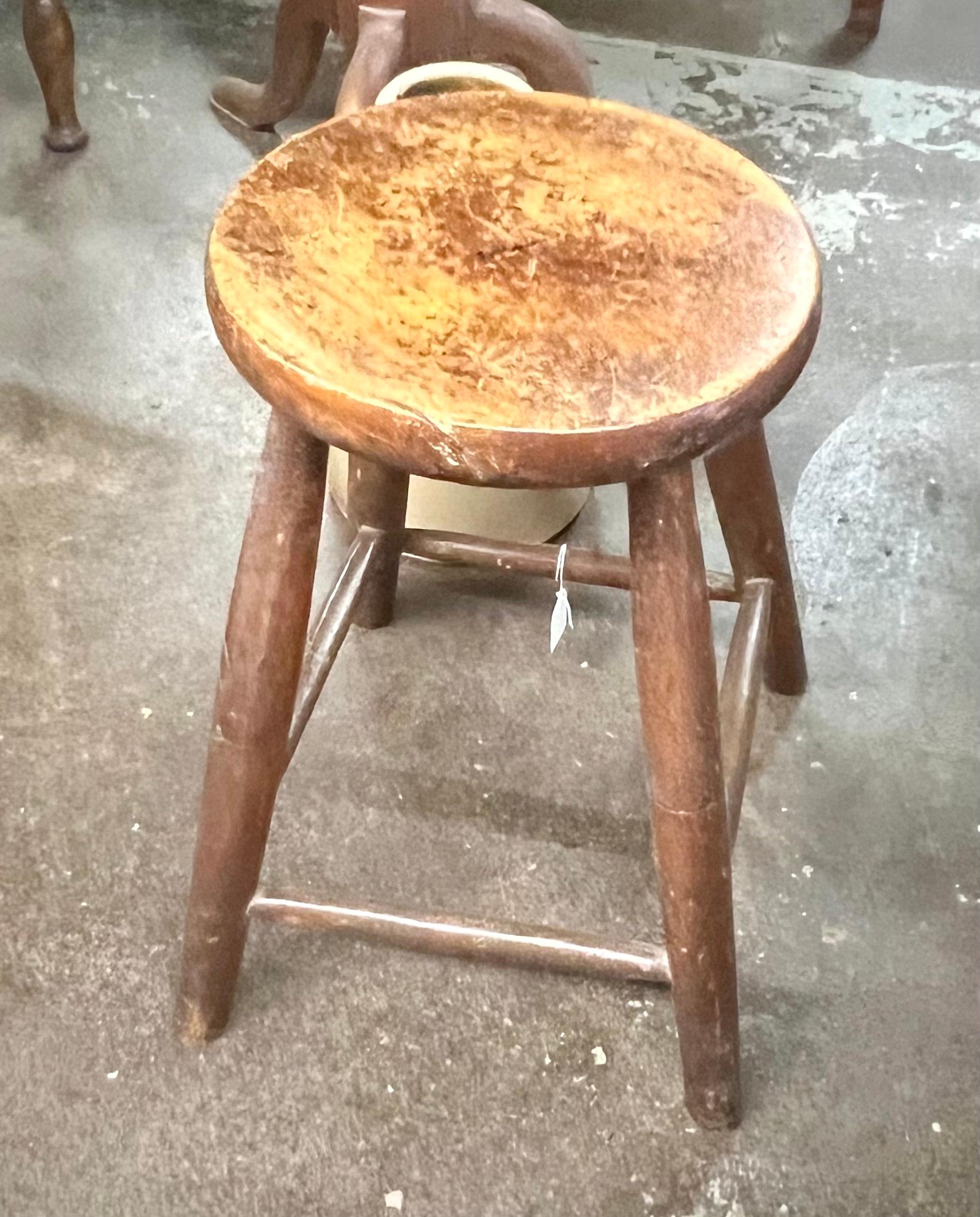 Sturdy little joint stool with round seat and lightly turned and incised legs. Original finish.