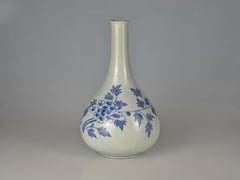 19th Century Joseon Korean Wine Bottle Blue White Vase with Peony and Butterfly