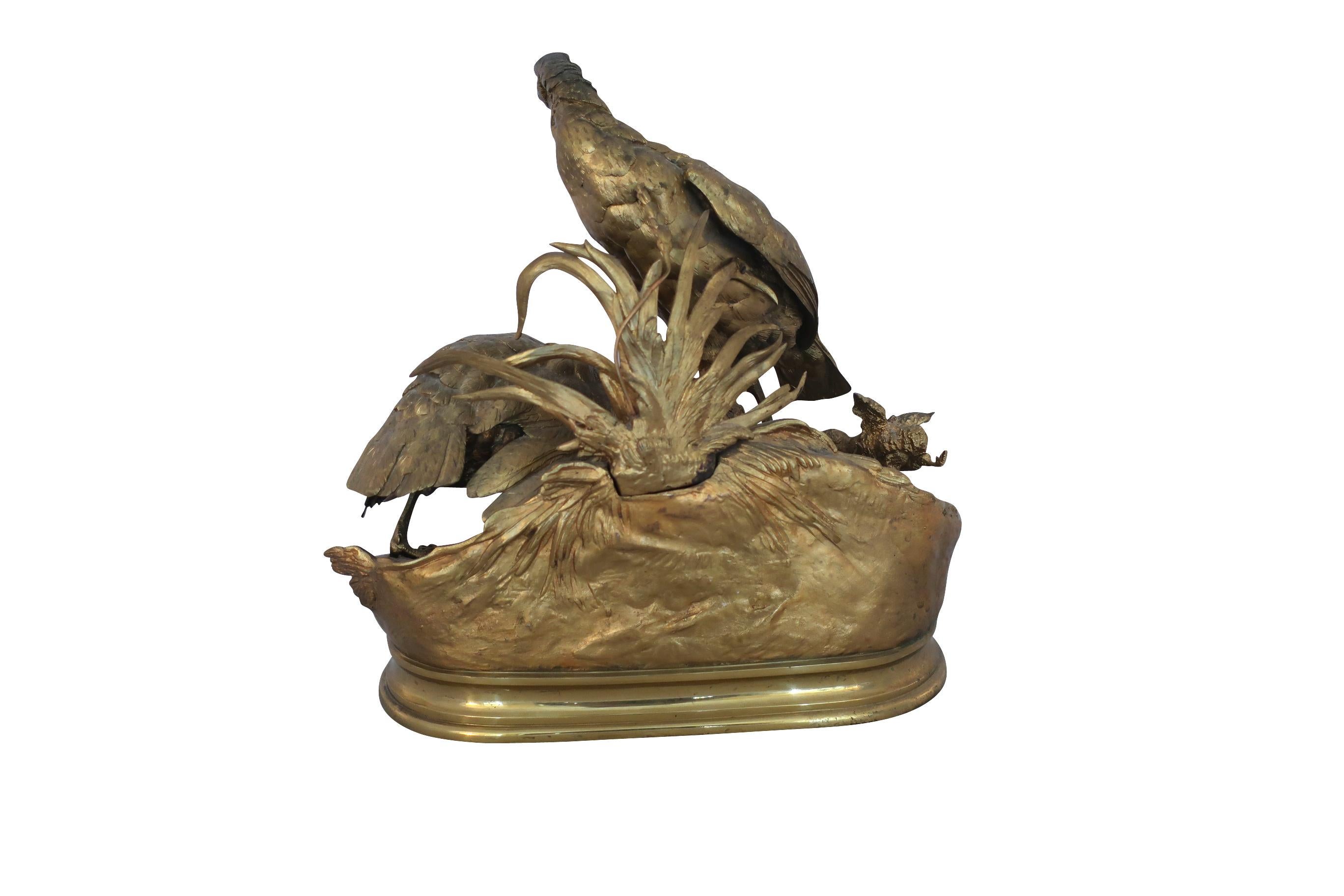 French 19th Century Jules Moigniex Sculpture of Patridge Family in Polished Bronze For Sale