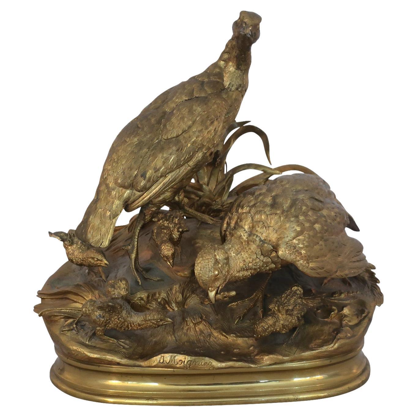 19th Century Jules Moigniex Sculpture of Patridge Family in Polished Bronze For Sale