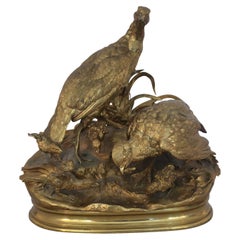 19th Century Jules Moigniex Sculpture of Patridge Family in Polished Bronze