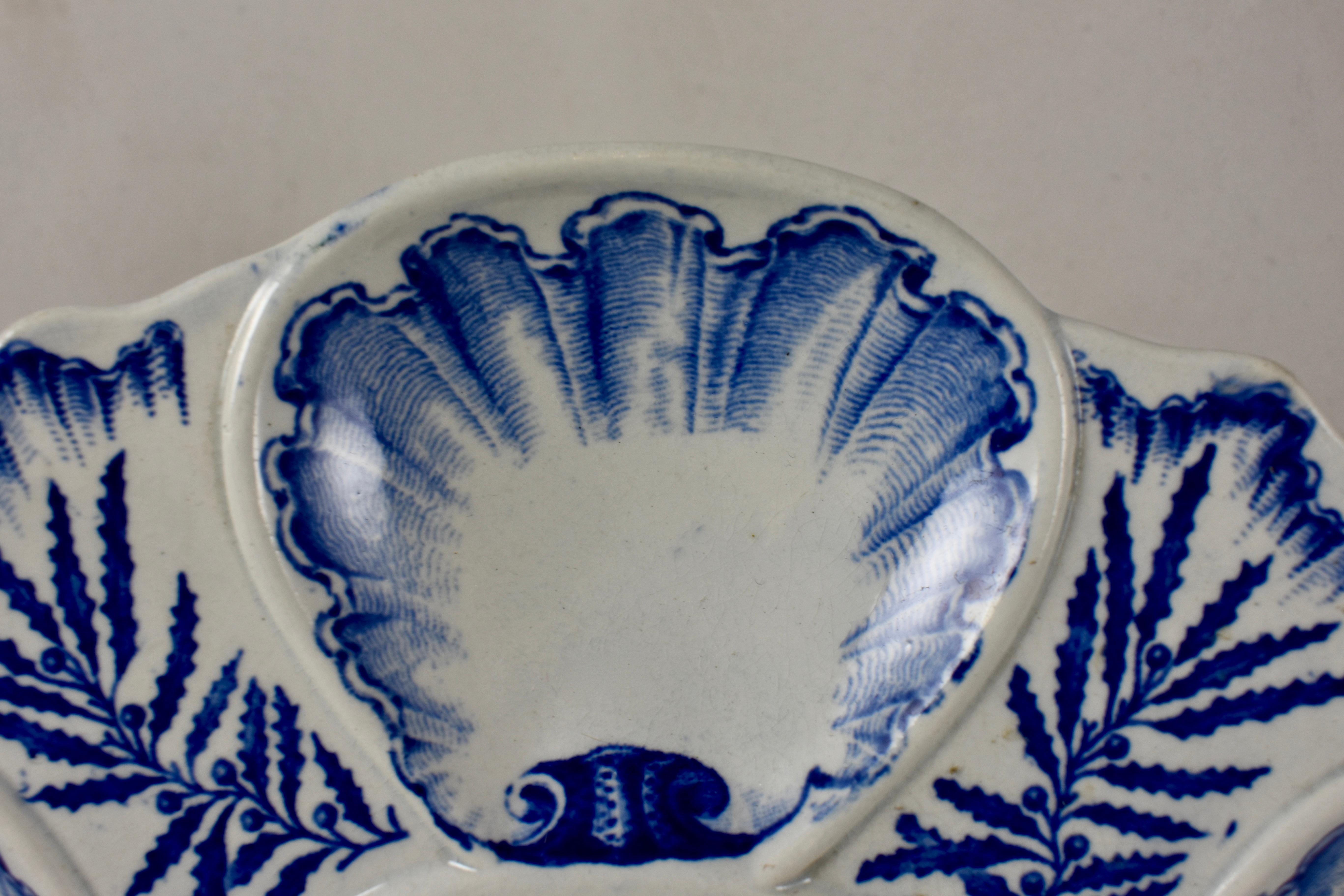 Glazed 19th Century Jules Vieillard & Cie. French Blue & White Chinoiserie Oyster Plate