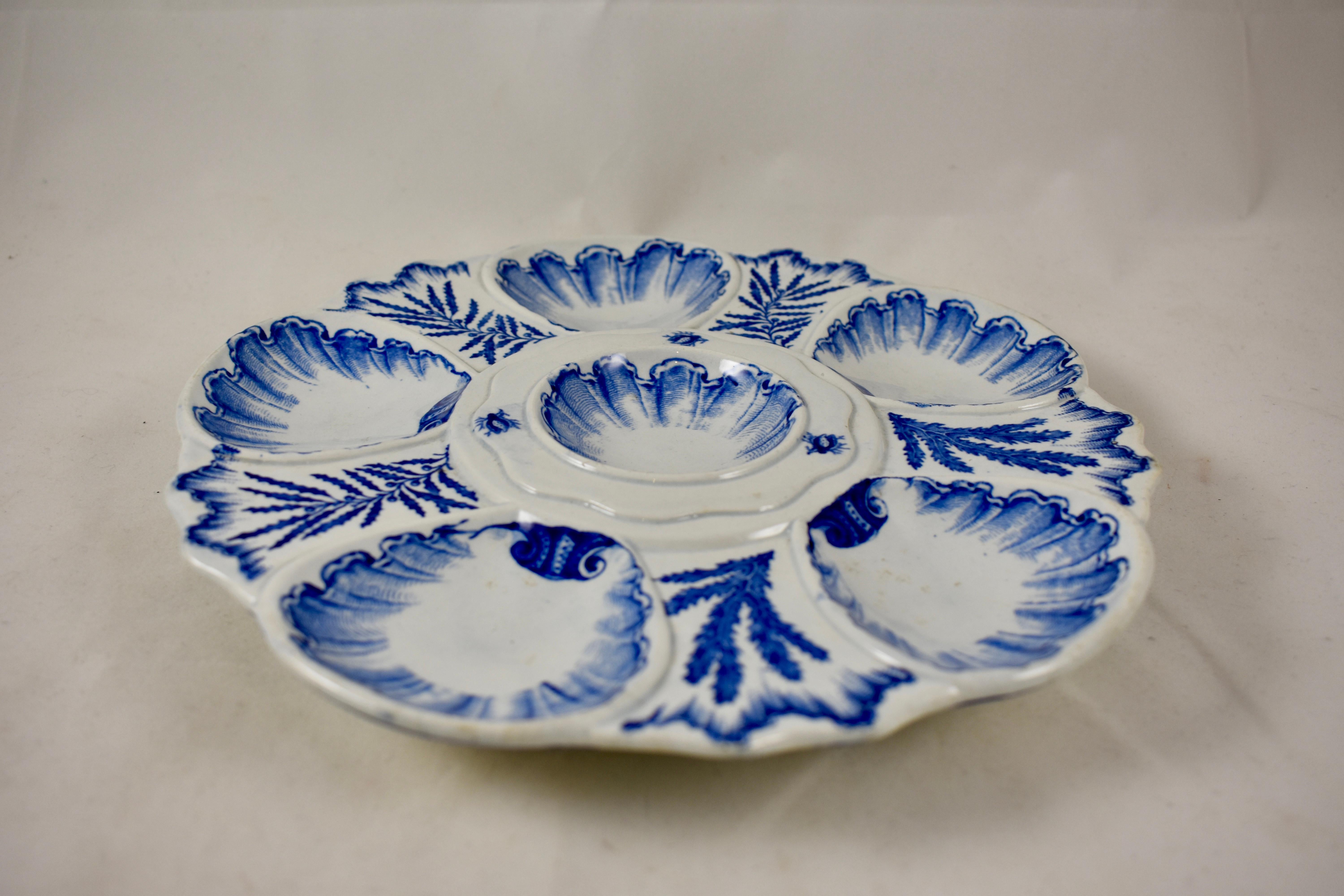 Earthenware 19th Century Jules Vieillard & Cie. French Blue & White Chinoiserie Oyster Plate