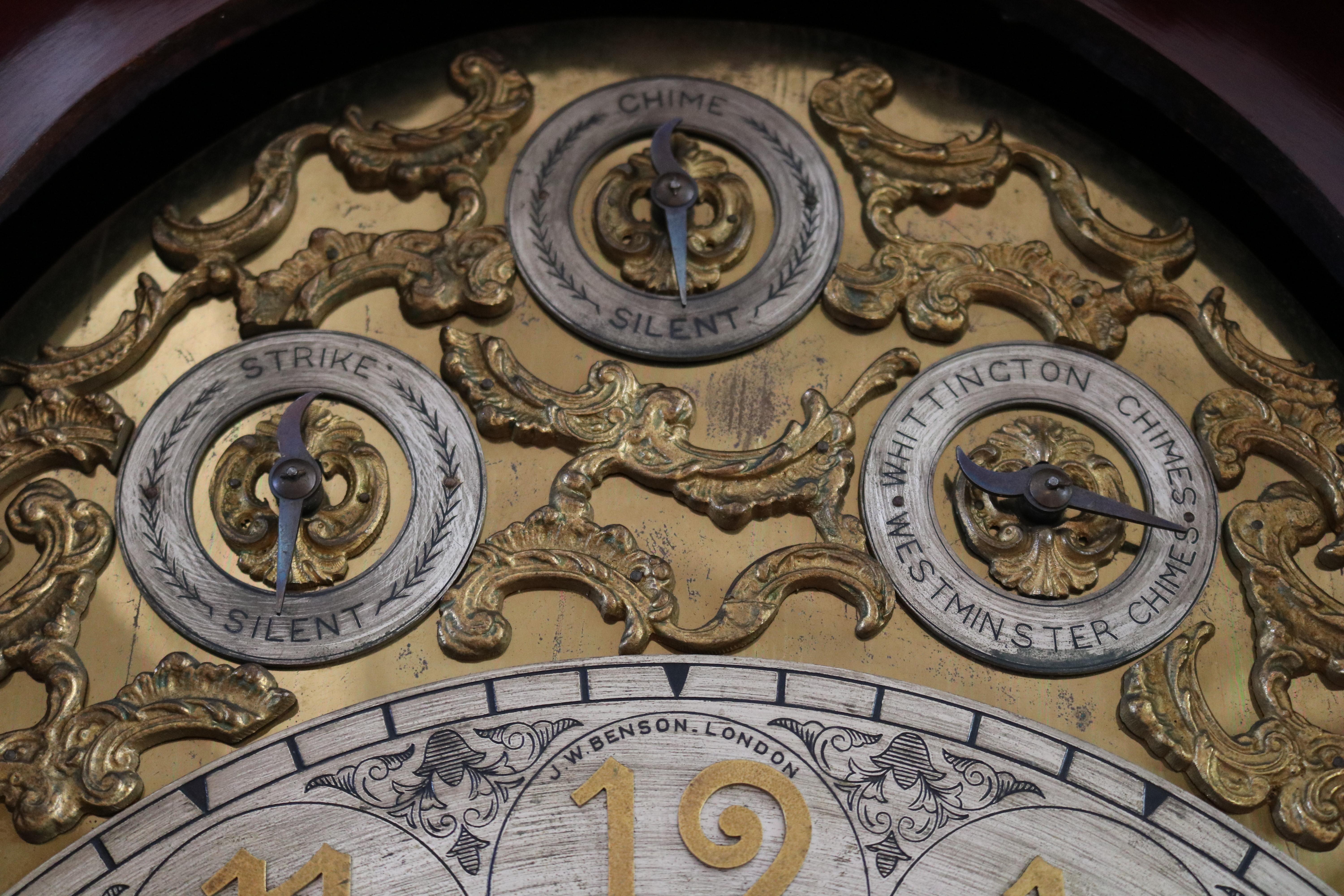 19th Century J.W Benson London Mahogany Inlaid 9 Tube Grandfather Clock 2