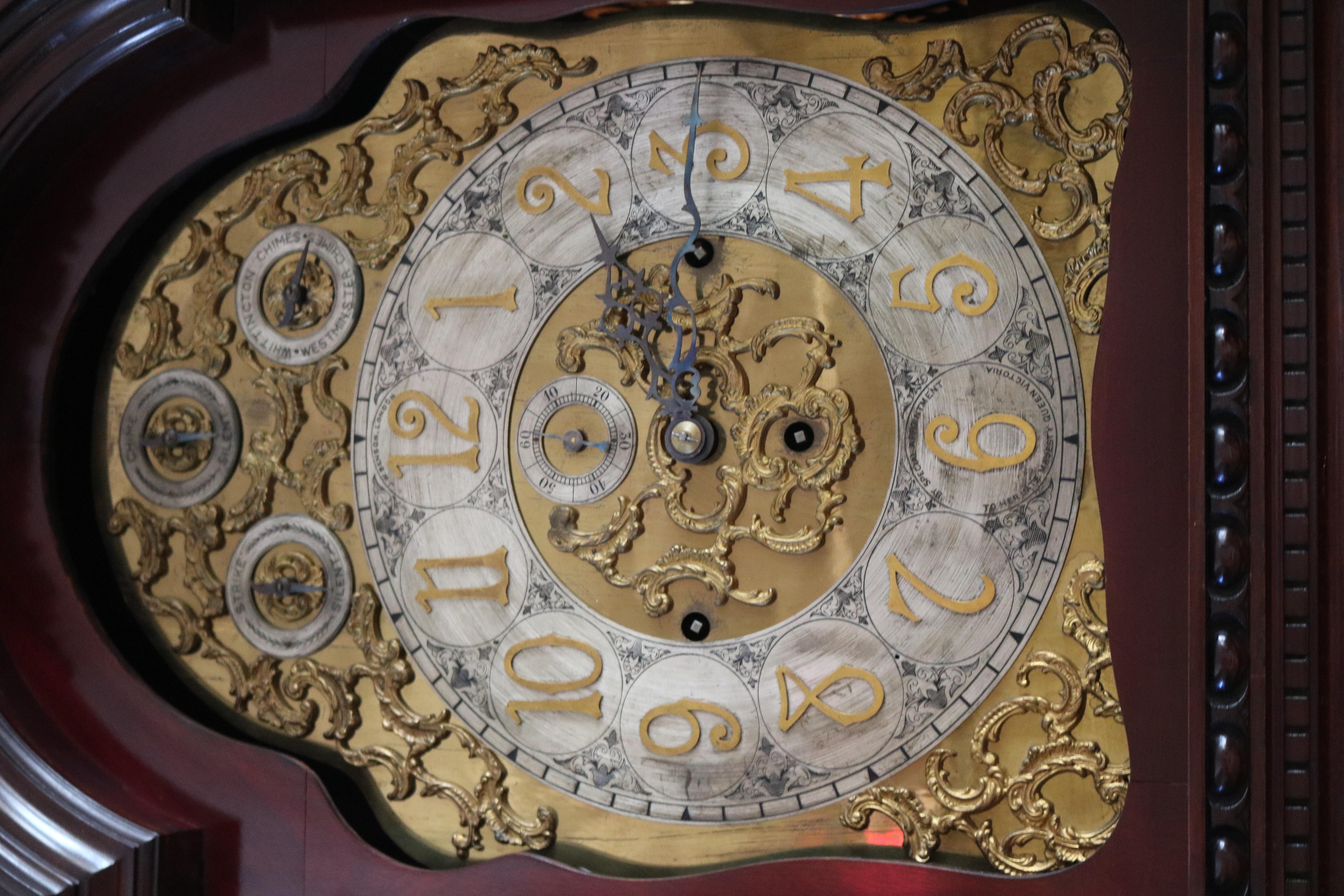 19th Century J.W Benson London Mahogany Inlaid 9 Tube Grandfather Clock For Sale 3