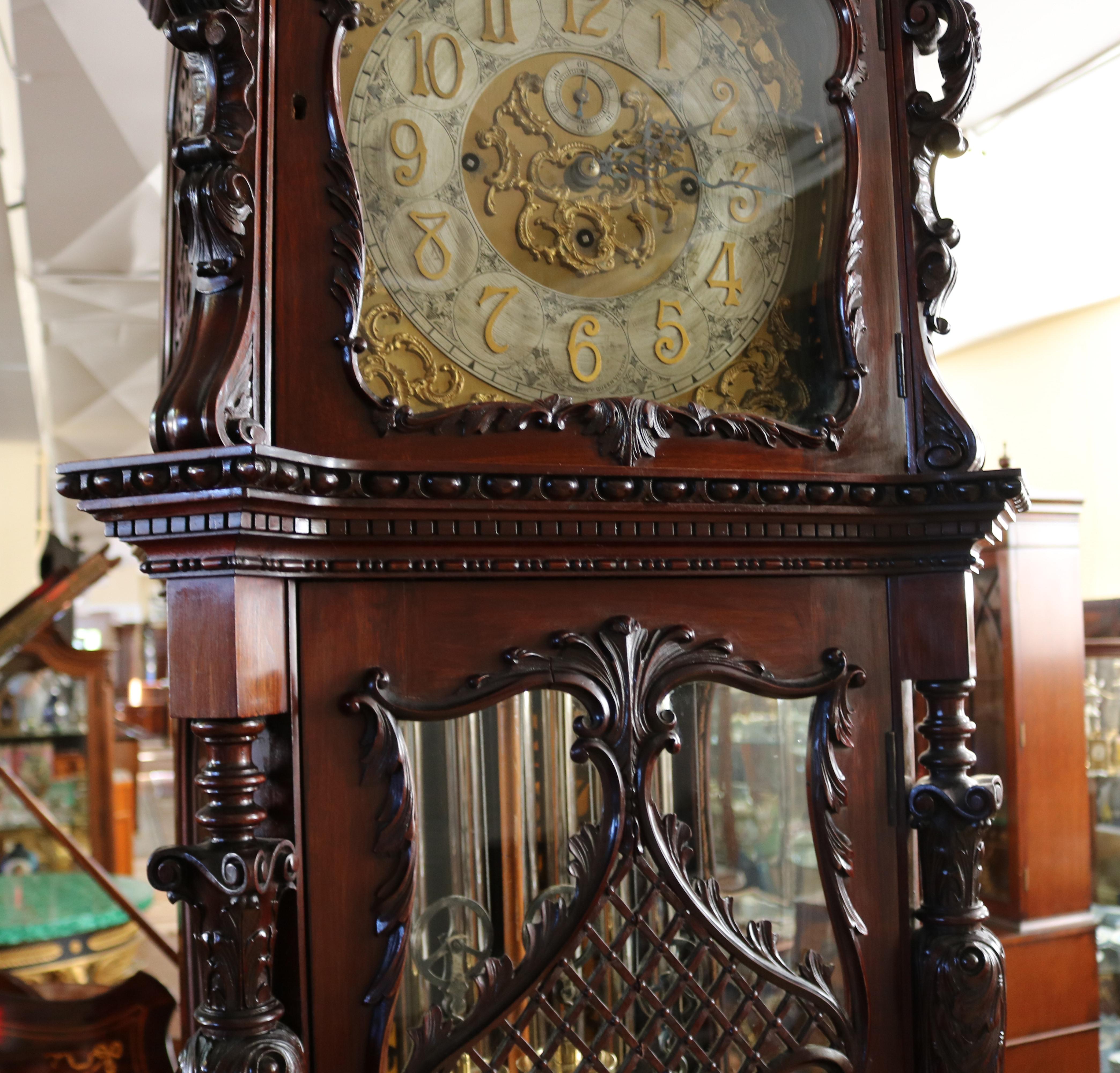 19. Jahrhundert J.W. Benson London Mahagoni Intarsien 9 Rohr Großvater Uhr im Angebot 6