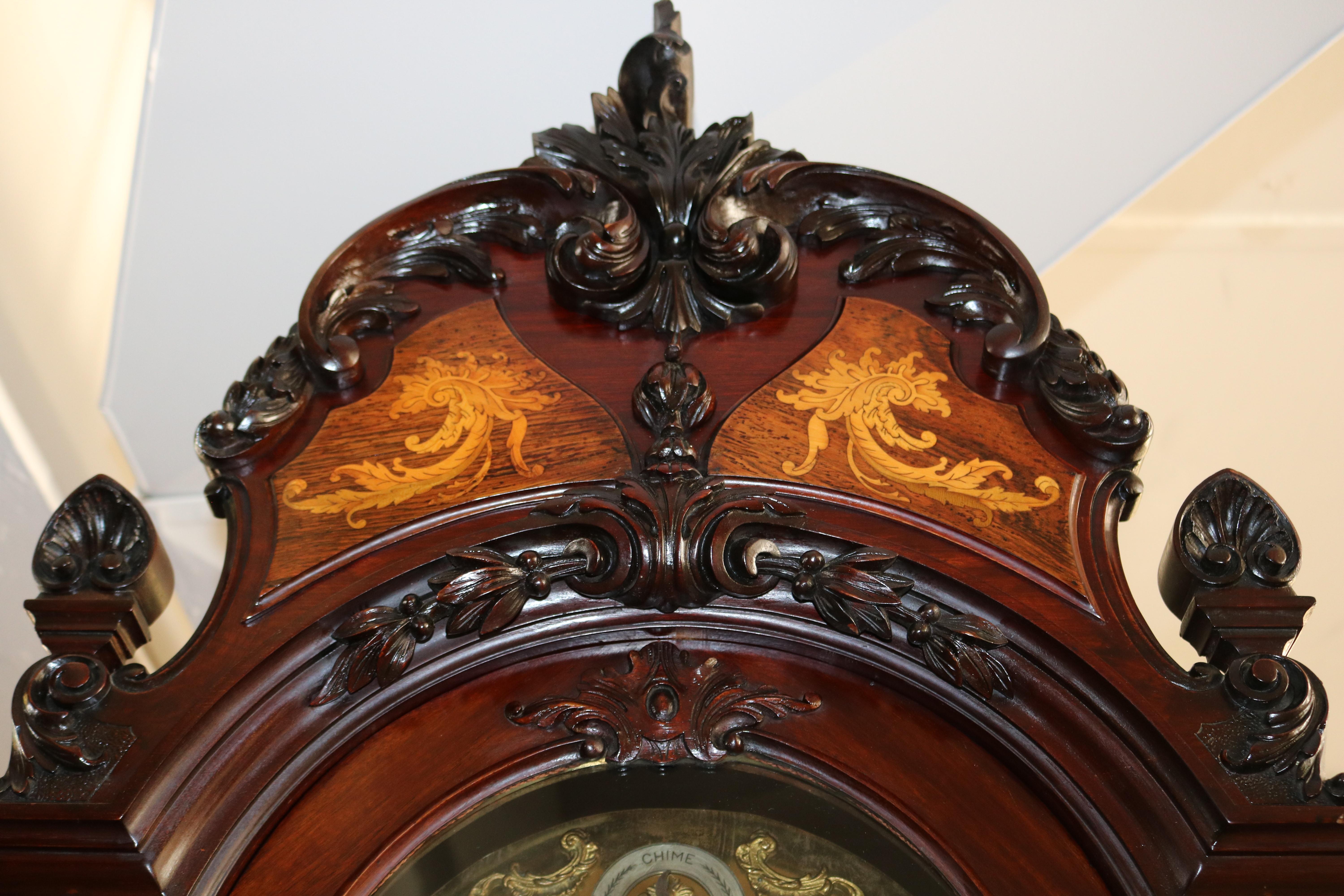 19. Jahrhundert J.W. Benson London Mahagoni Intarsien 9 Rohr Großvater Uhr im Angebot 10