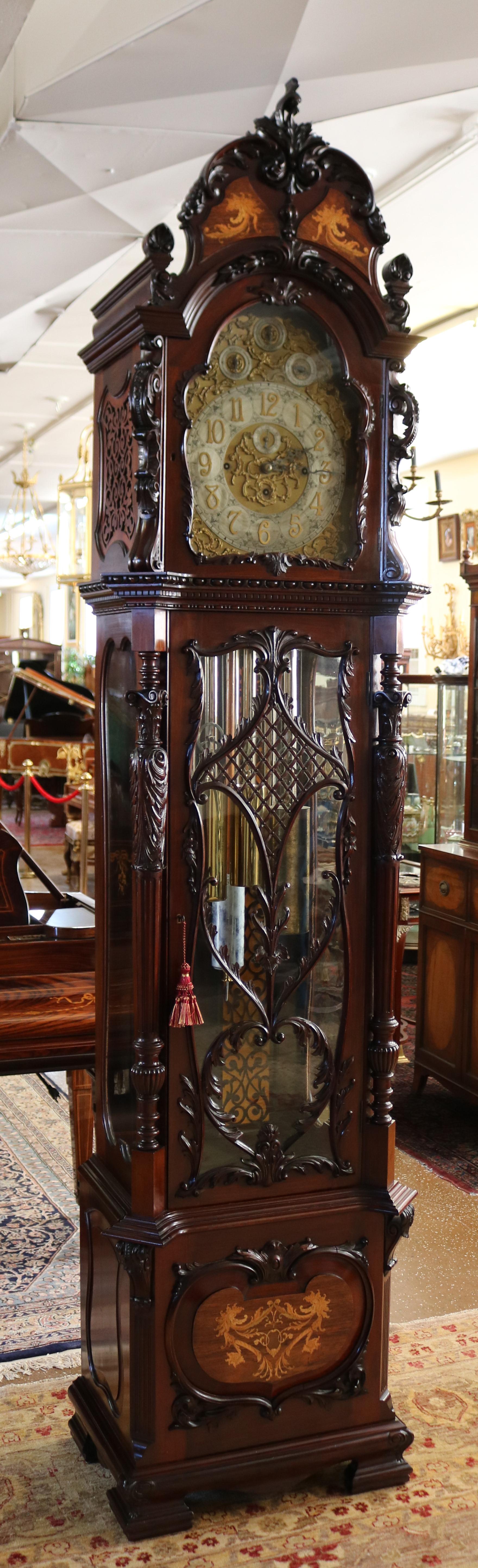 19. Jahrhundert J.W. Benson London Mahagoni Intarsien 9 Rohr Großvater Uhr im Angebot 11