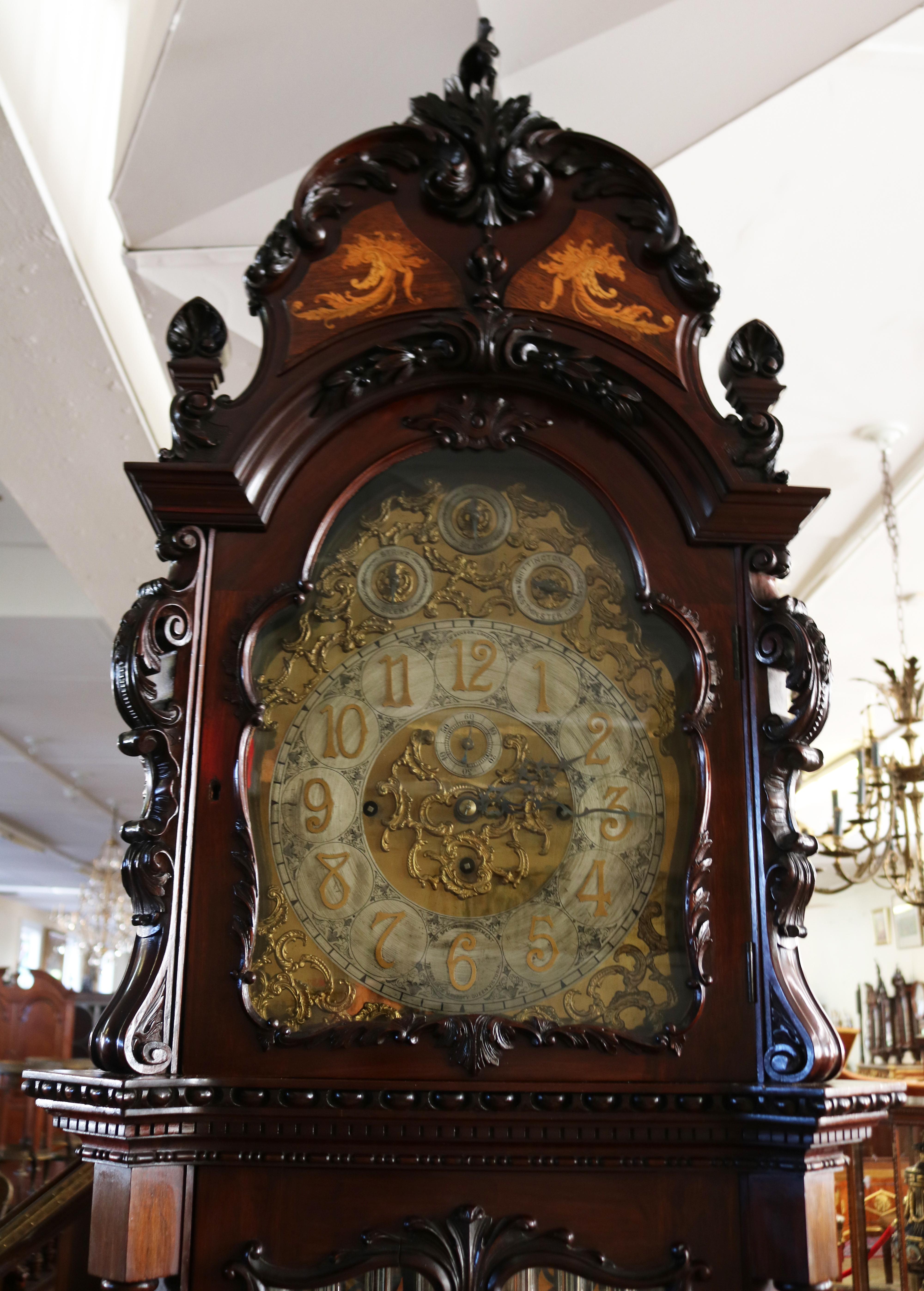 British 19th Century J.W Benson London Mahogany Inlaid 9 Tube Grandfather Clock For Sale
