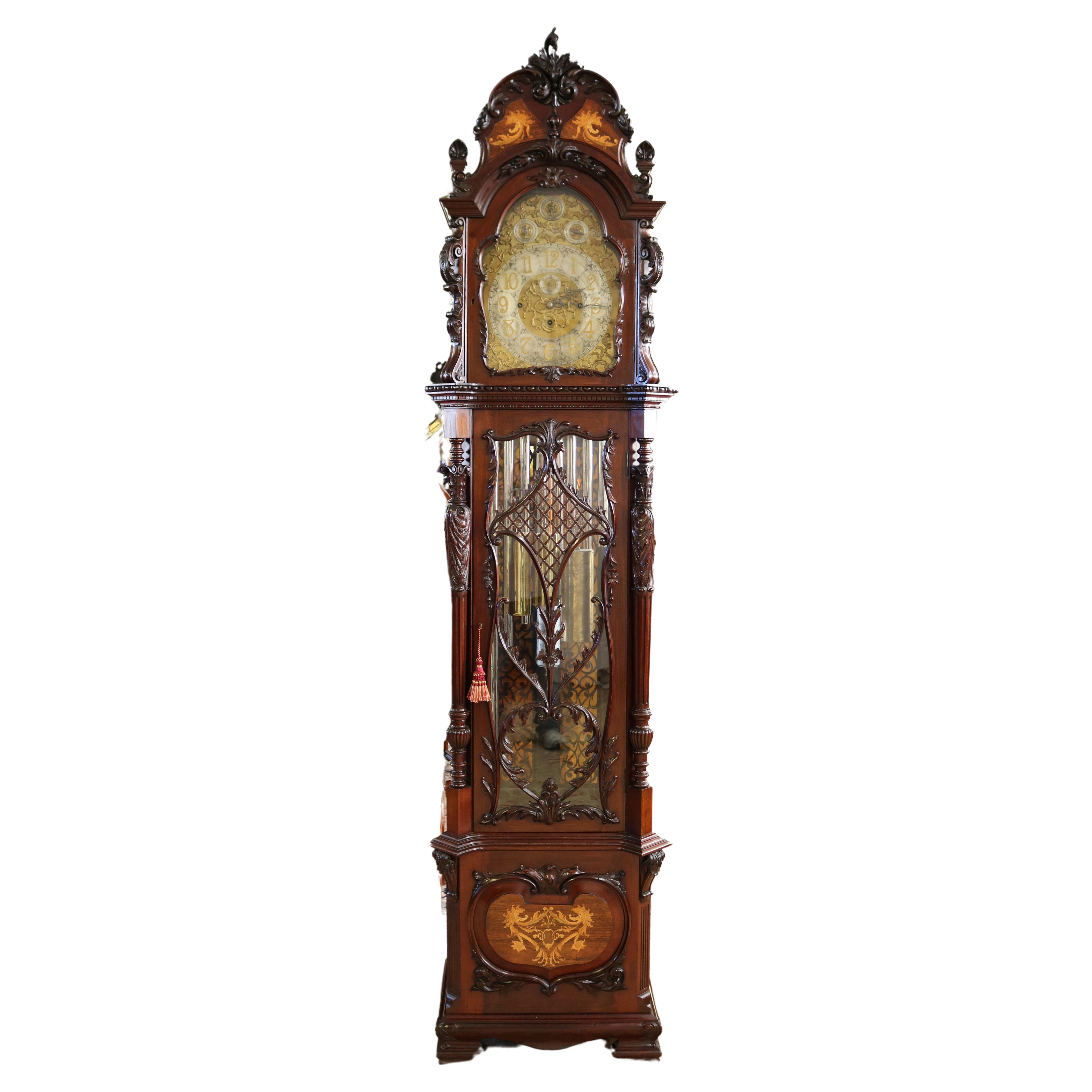 Horloge grand-père à 9 tubes en acajou incrusté J.W. Benson London, 19e siècle en vente