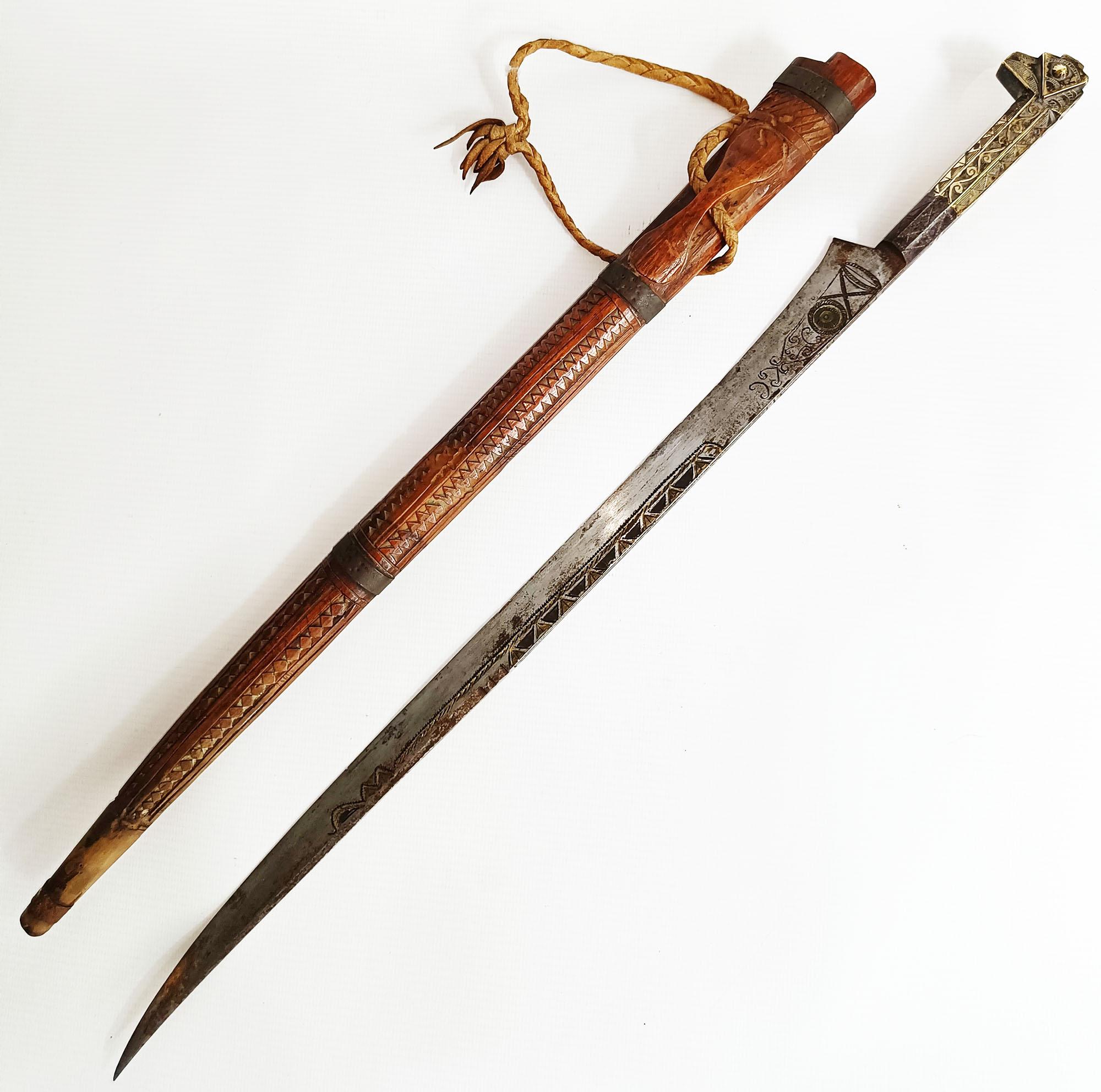 Algerian 19th Century Kabyle Flyssa Sword with Inlaid Blade & Original Scabbard – Algeria