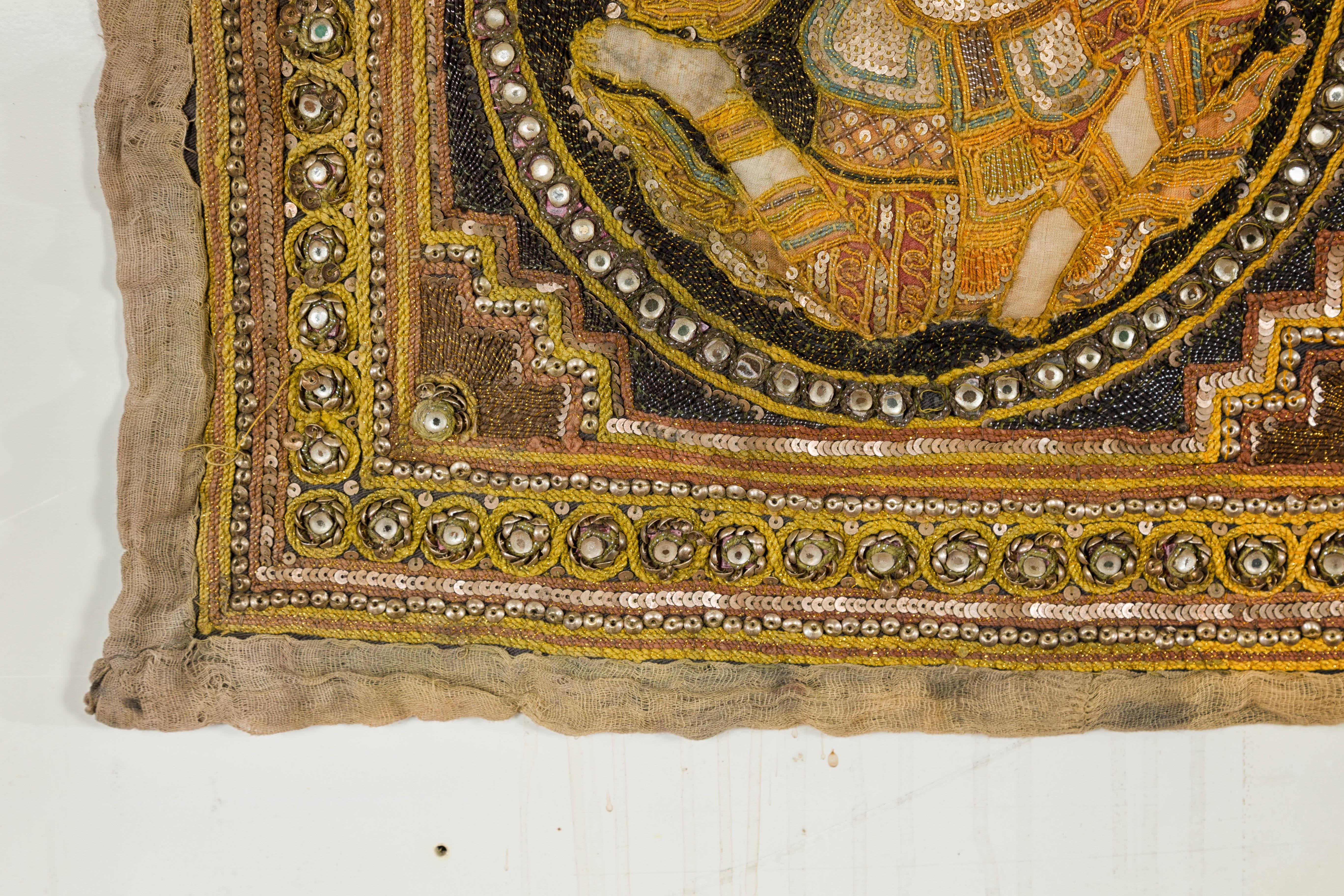 19th Century Kalaga Tapestry with Stones, Sequins and Colorful Thread For Sale 4