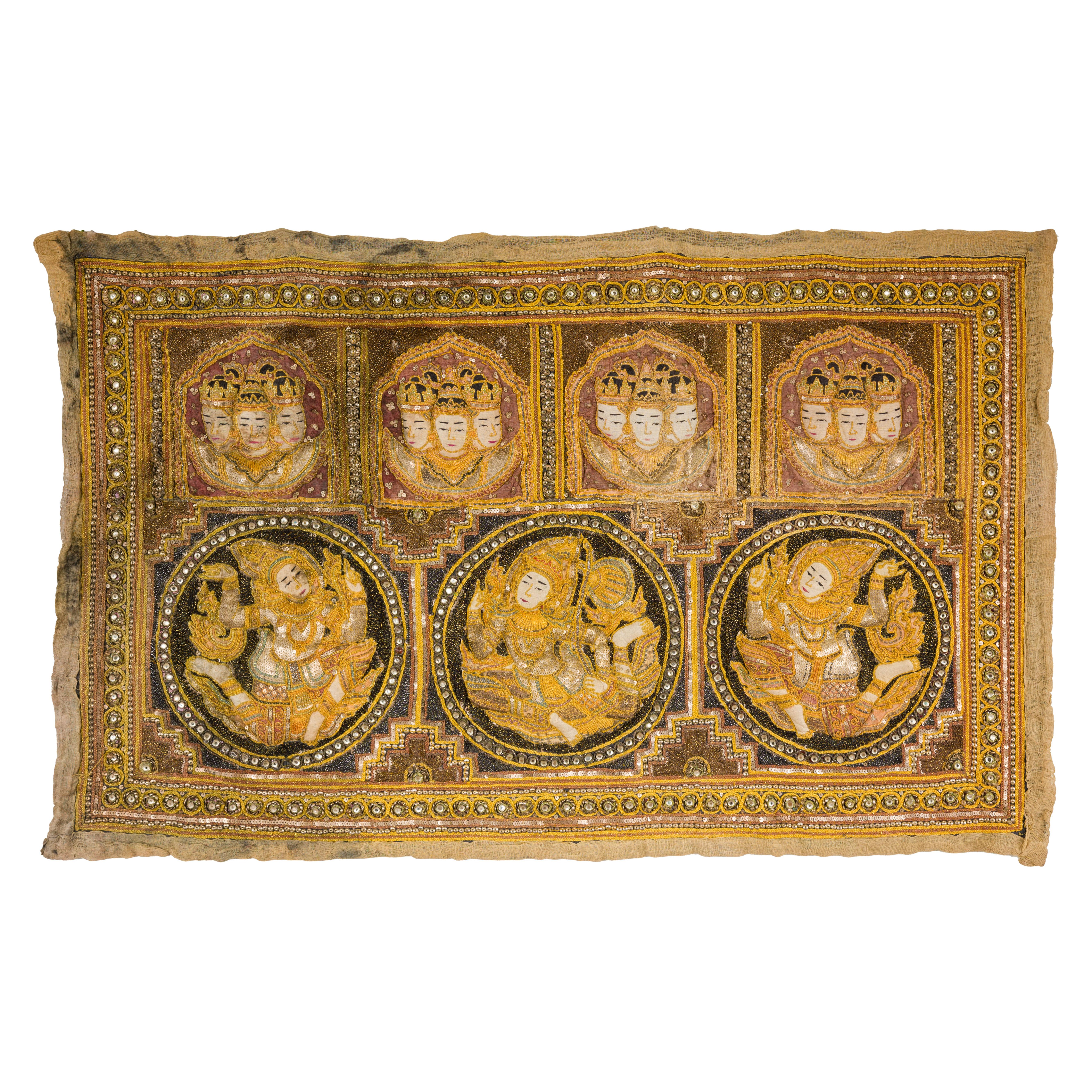 19th Century Kalaga Tapestry with Stones, Sequins and Colorful Thread For Sale 13