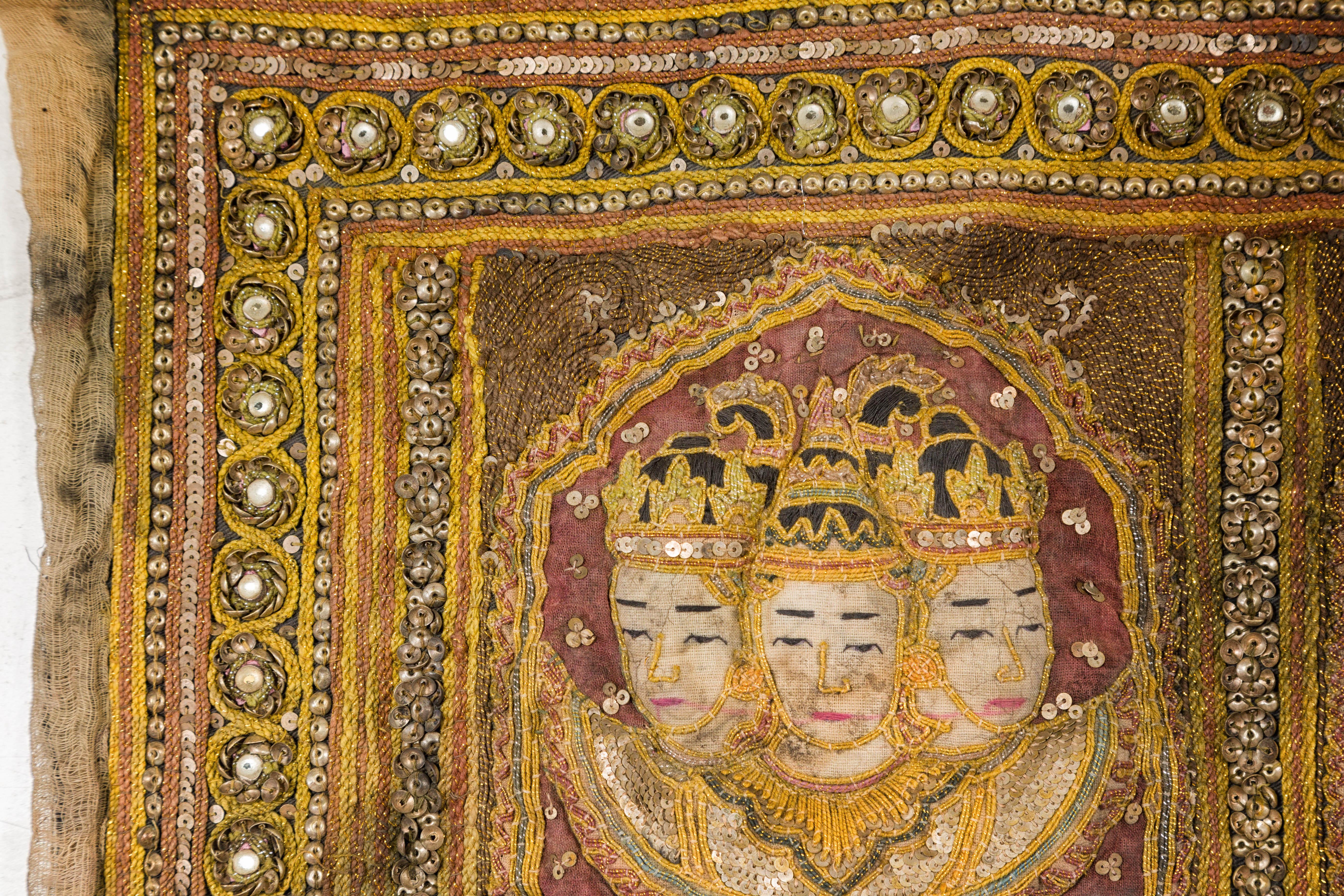19th Century Kalaga Tapestry with Stones, Sequins and Colorful Thread For Sale 3