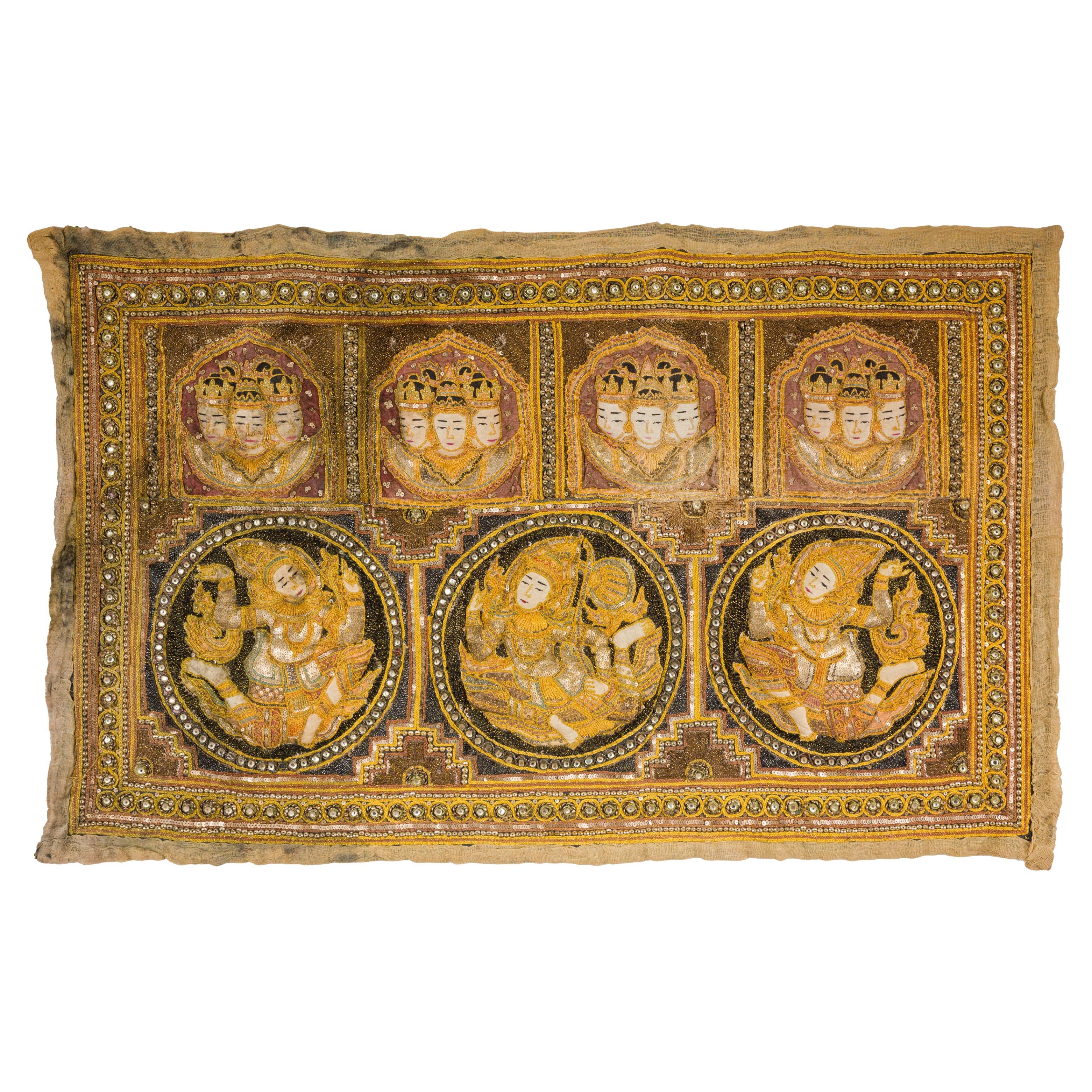 19th Century Kalaga Tapestry with Stones, Sequins and Colorful Thread For Sale